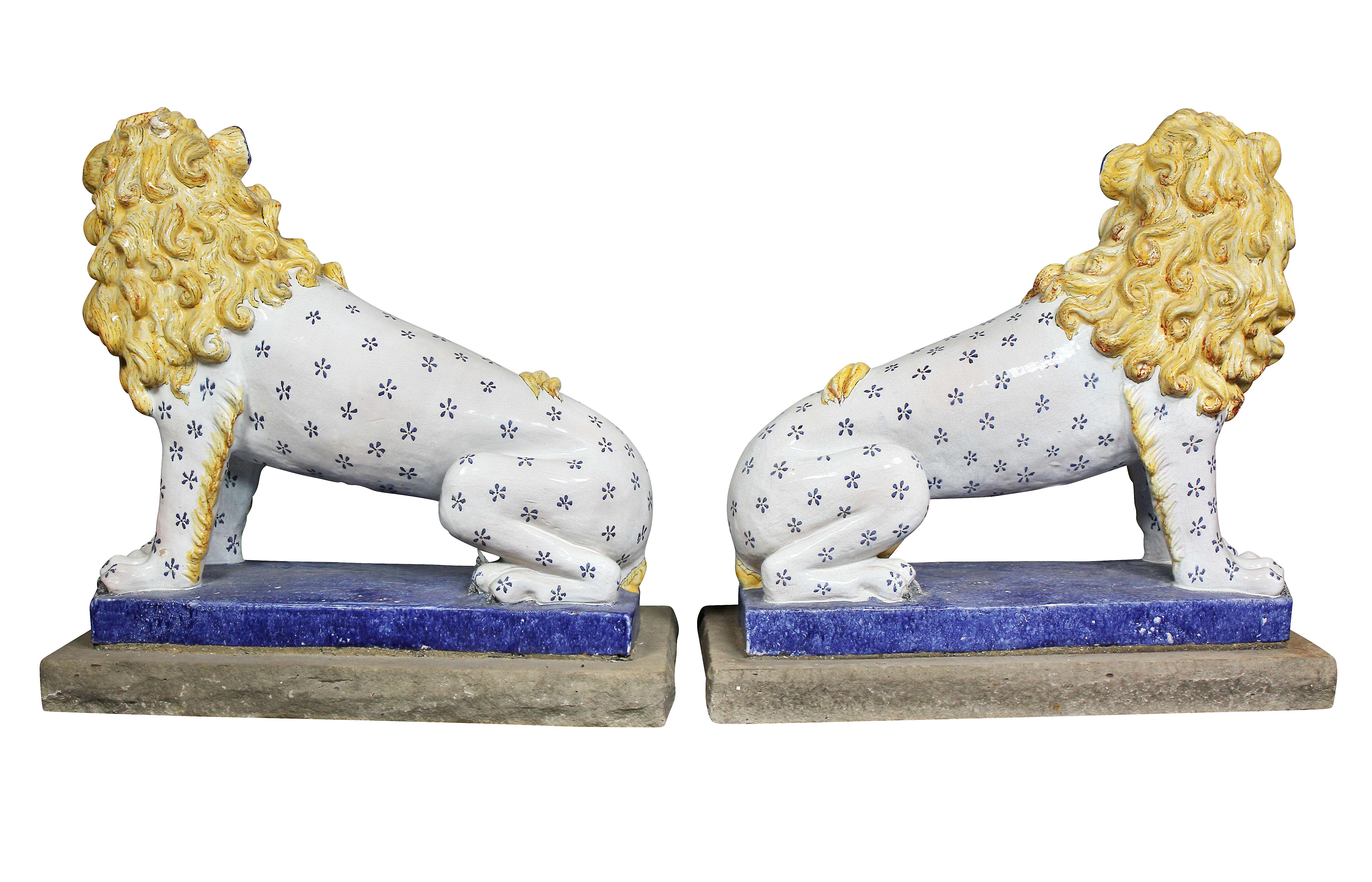 Pair of Large French Glazed Pottery Lions 2