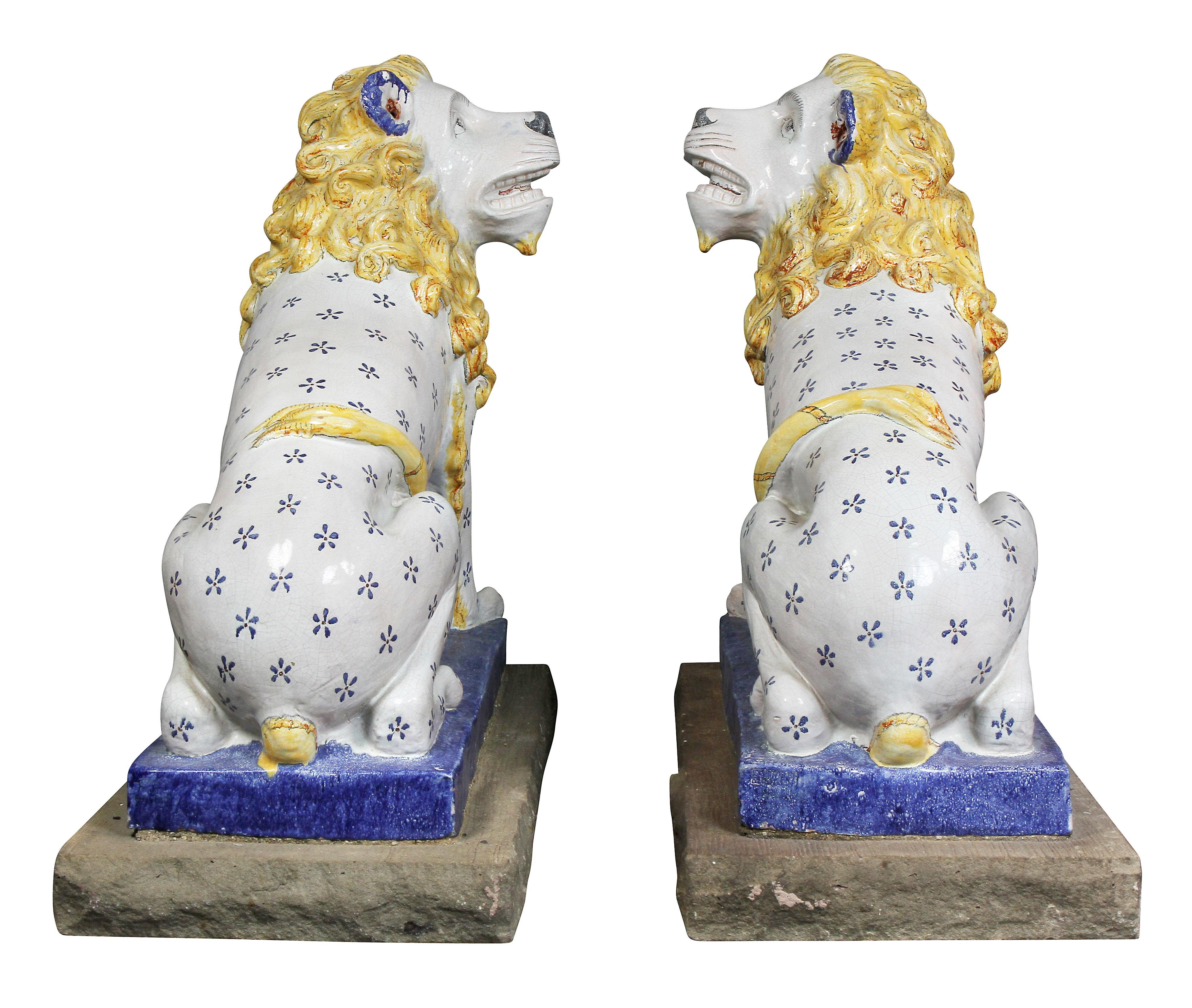 Pair of Large French Glazed Pottery Lions 3