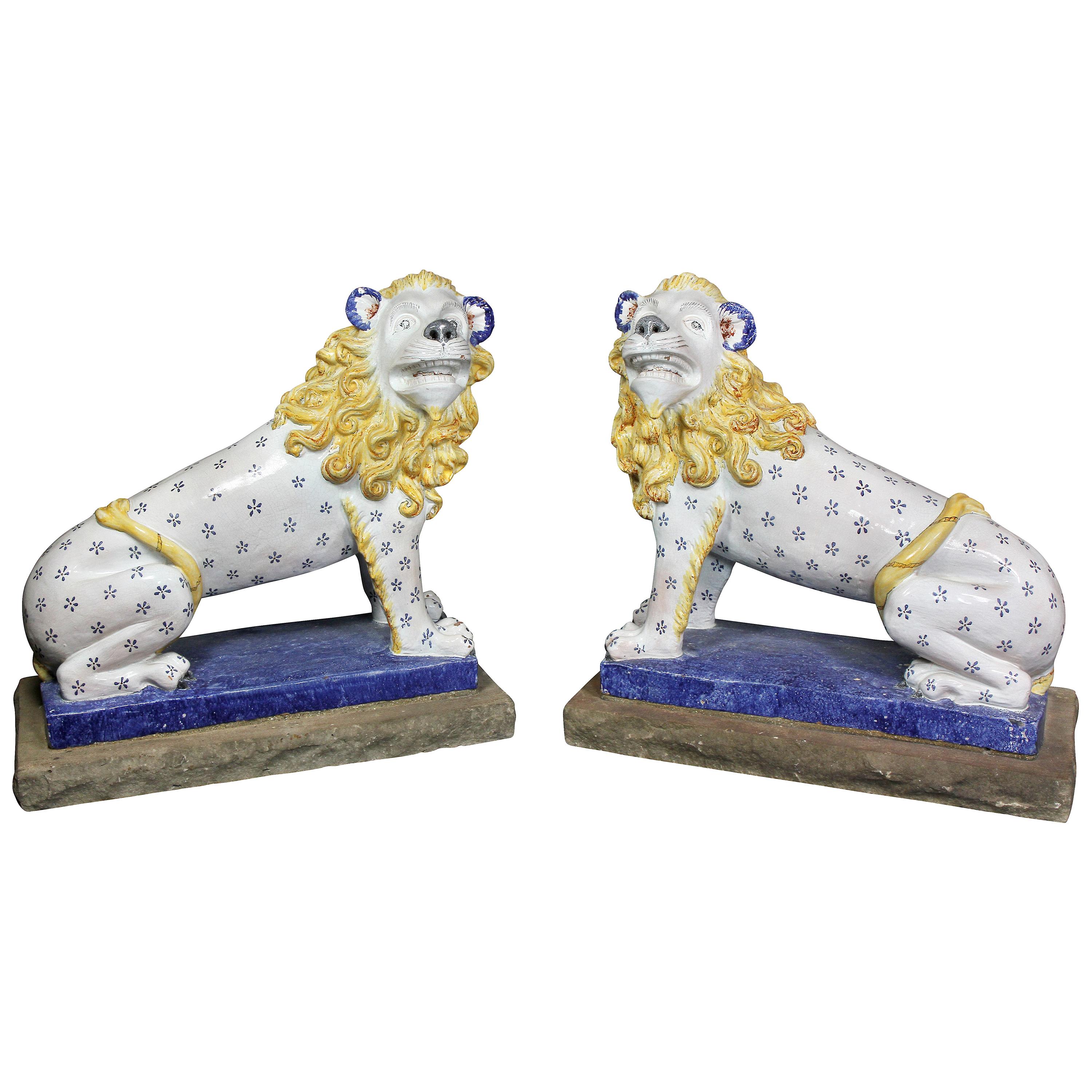 Pair of Large French Glazed Pottery Lions
