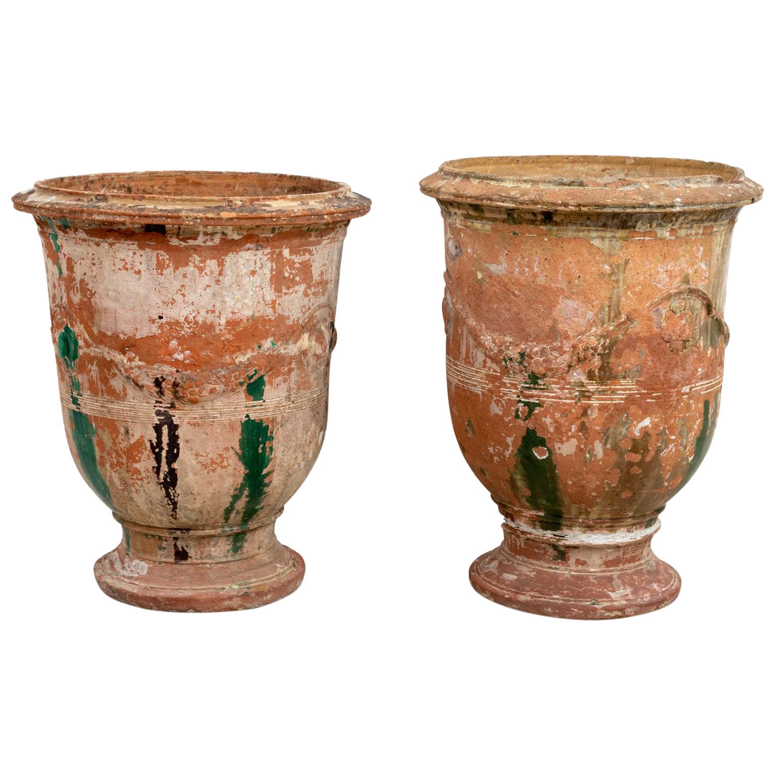 Pair of Large French Glazed Terracotta Urns For Sale