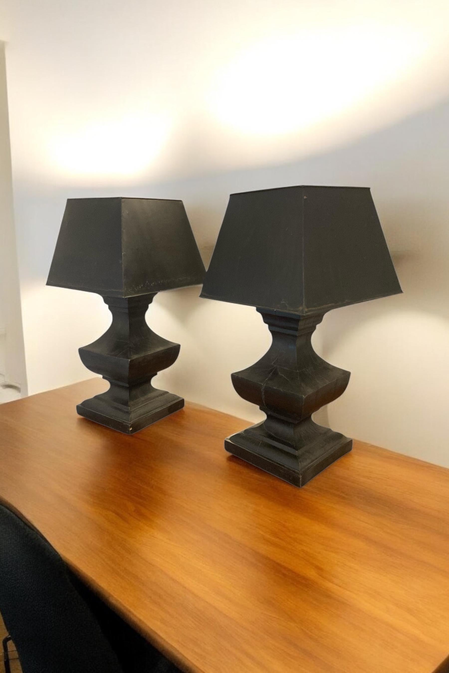 Pair of Large French Hand Carved Table Lamps, Ebonsied Wood Black Metal Shades For Sale 3