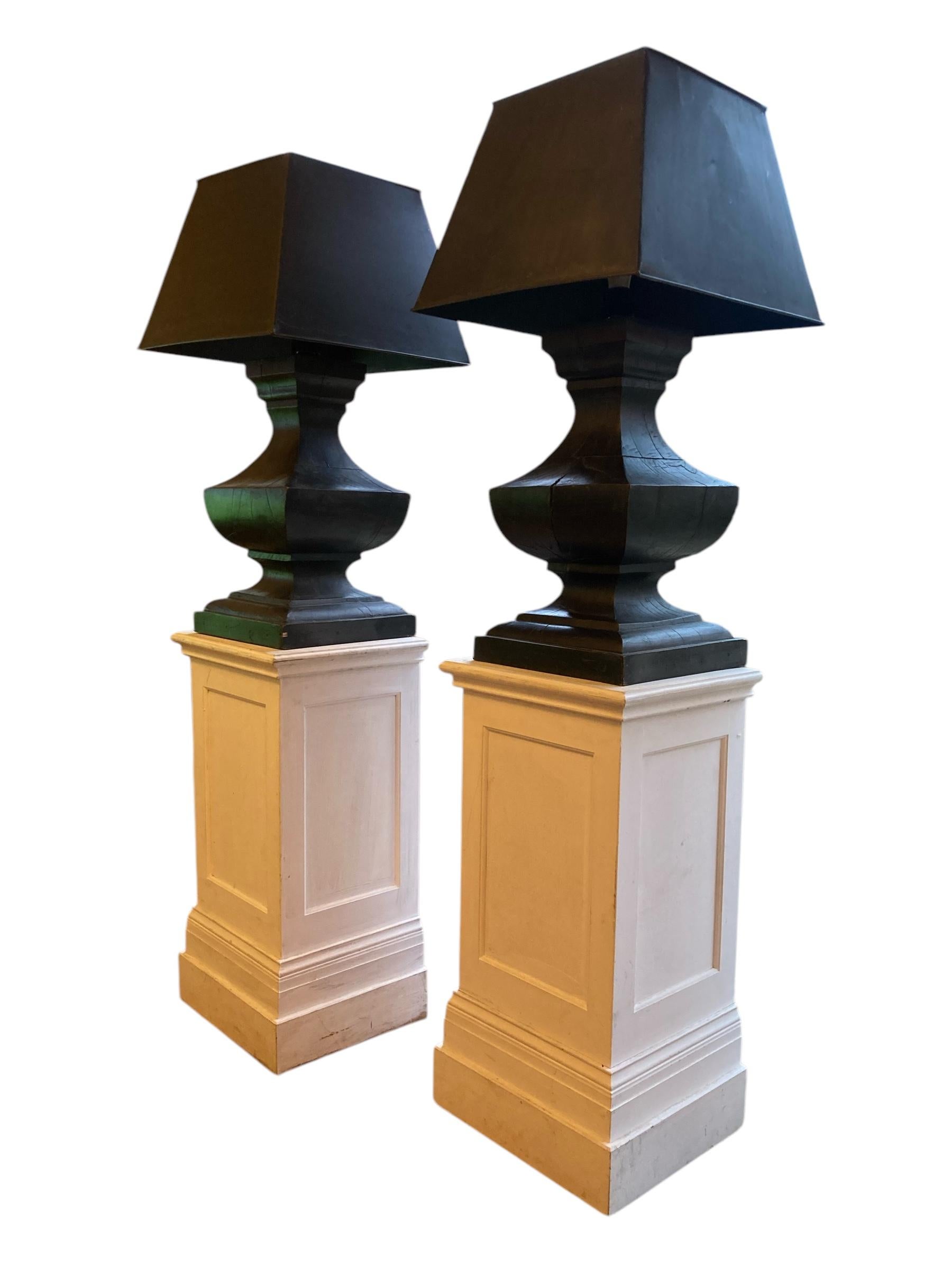 Pair of Large French Hand Carved Table Lamps, Ebonsied Wood Black Metal Shades For Sale 4