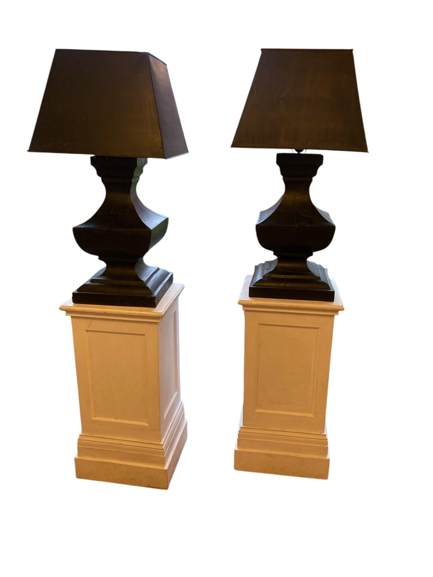 Pair of Large French Hand Carved Table Lamps, Ebonsied Wood Black Metal Shades For Sale 5