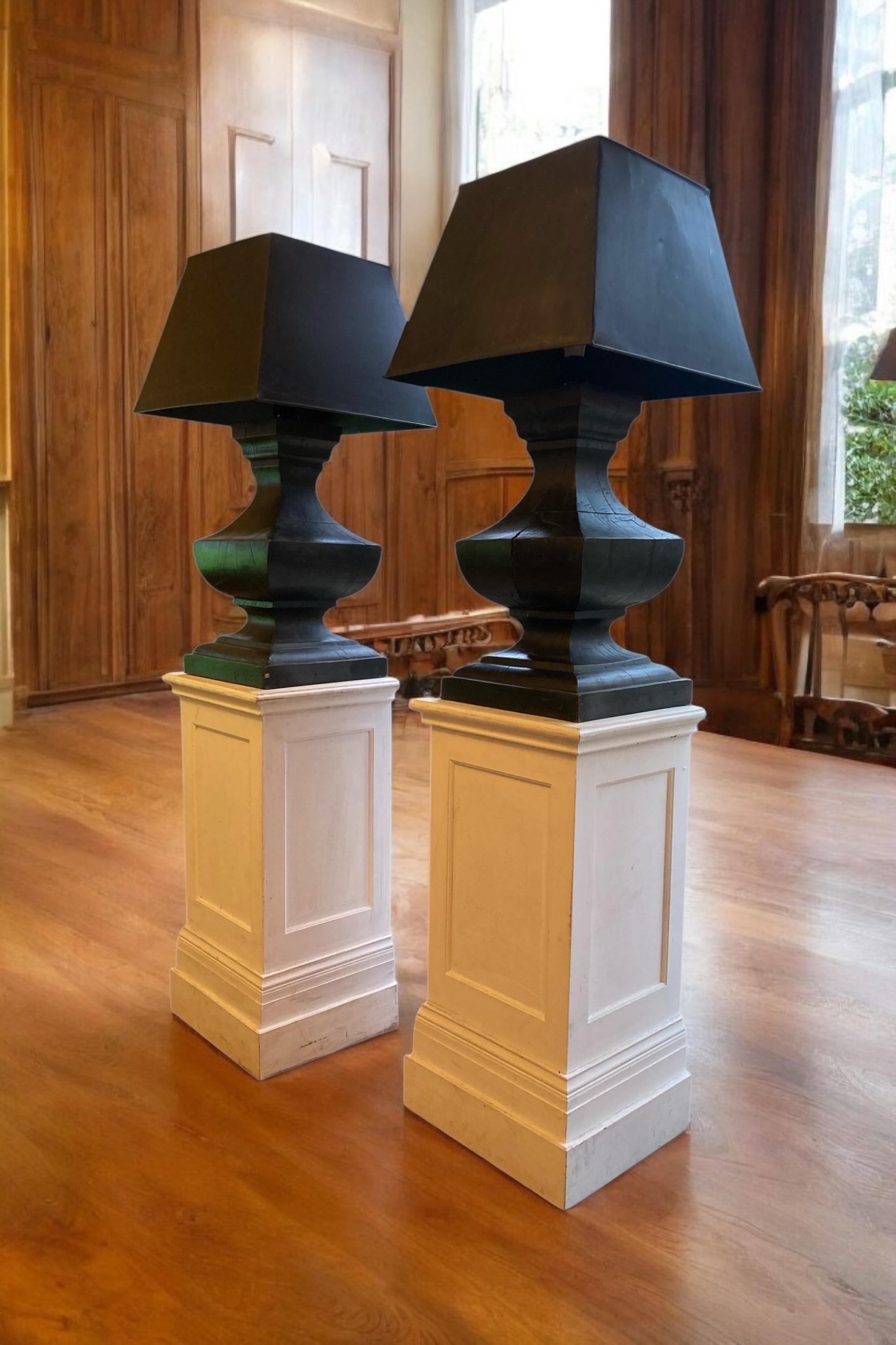 Pair of Large French Hand Carved Table Lamps, Ebonsied Wood Black Metal Shades For Sale 6