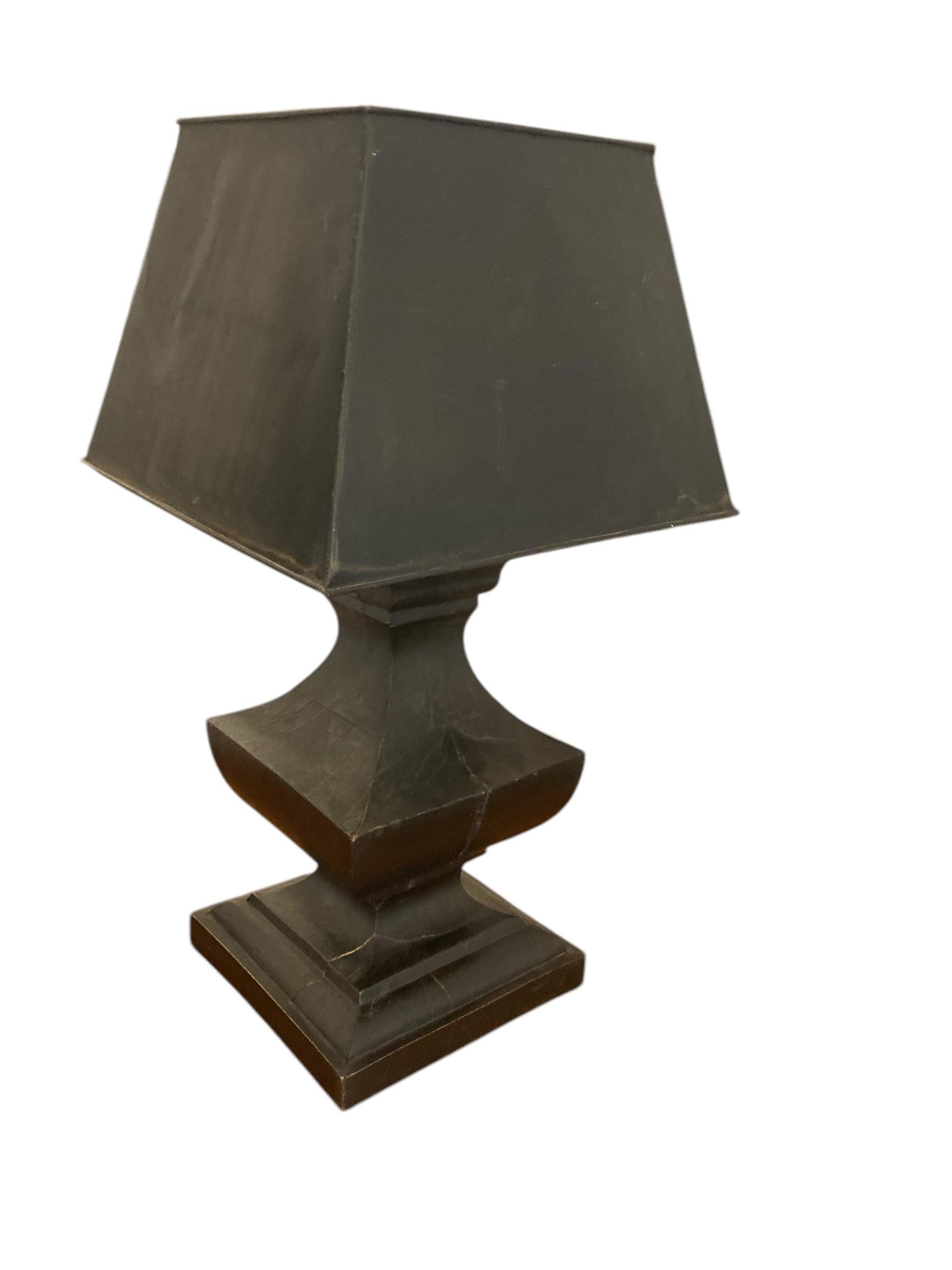 Rustic Pair of Large French Hand Carved Table Lamps, Ebonsied Wood Black Metal Shades For Sale