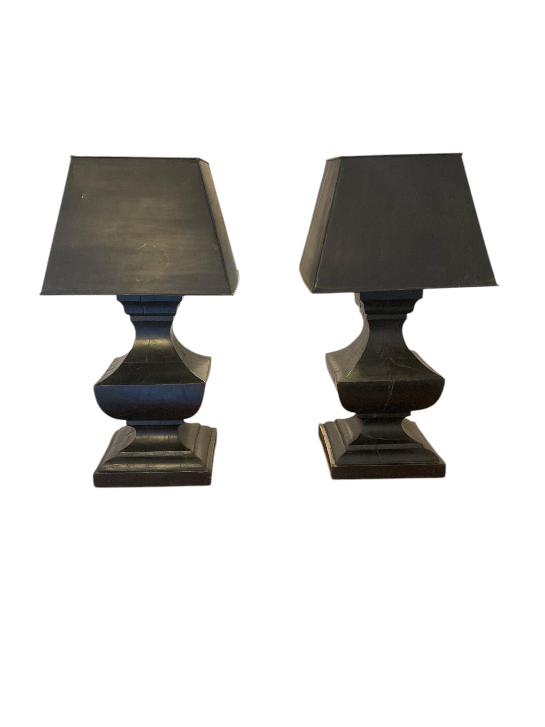 Metalwork Pair of Large French Hand Carved Table Lamps, Ebonsied Wood Black Metal Shades For Sale