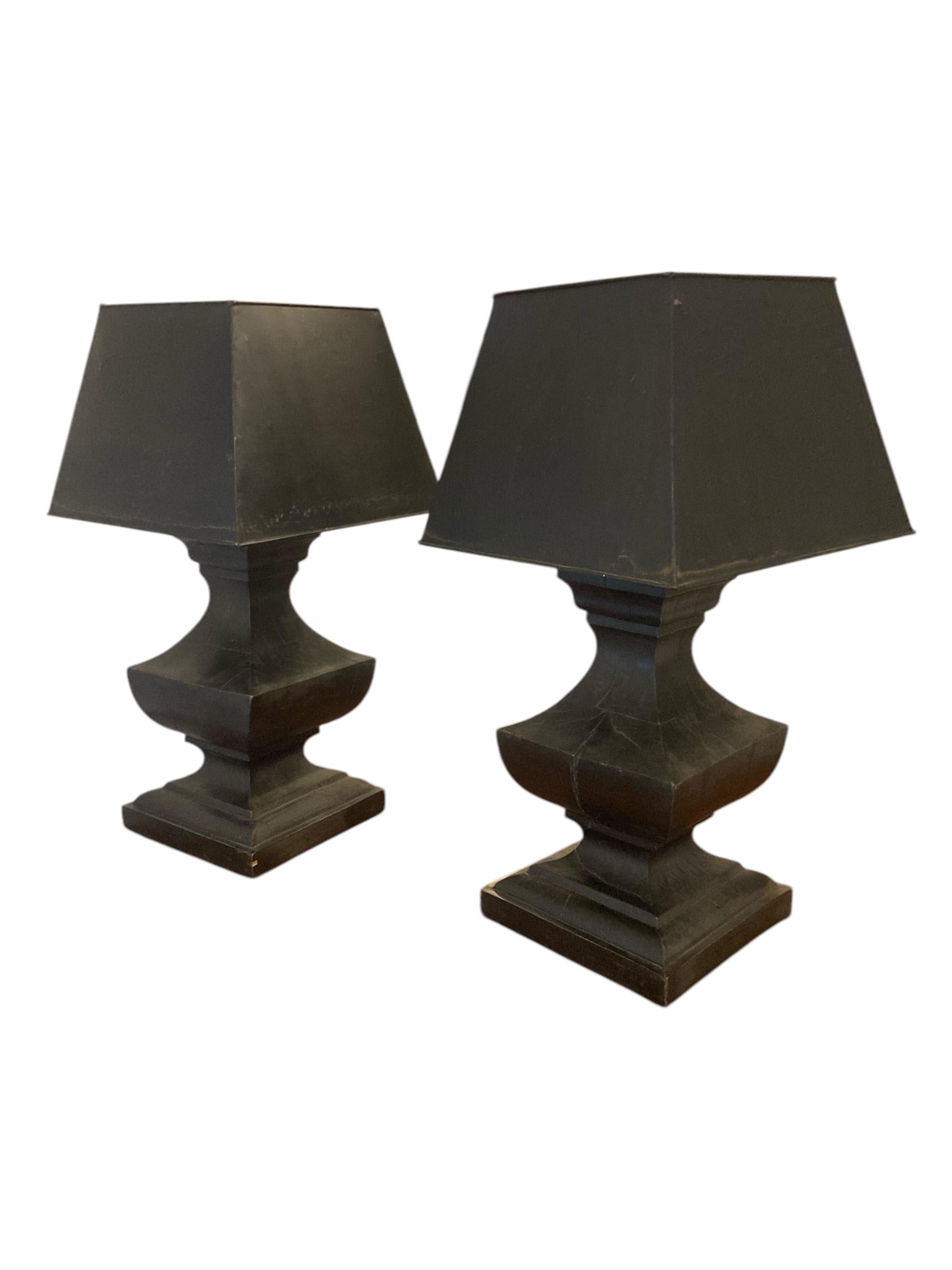 20th Century Pair of Large French Hand Carved Table Lamps, Ebonsied Wood Black Metal Shades For Sale