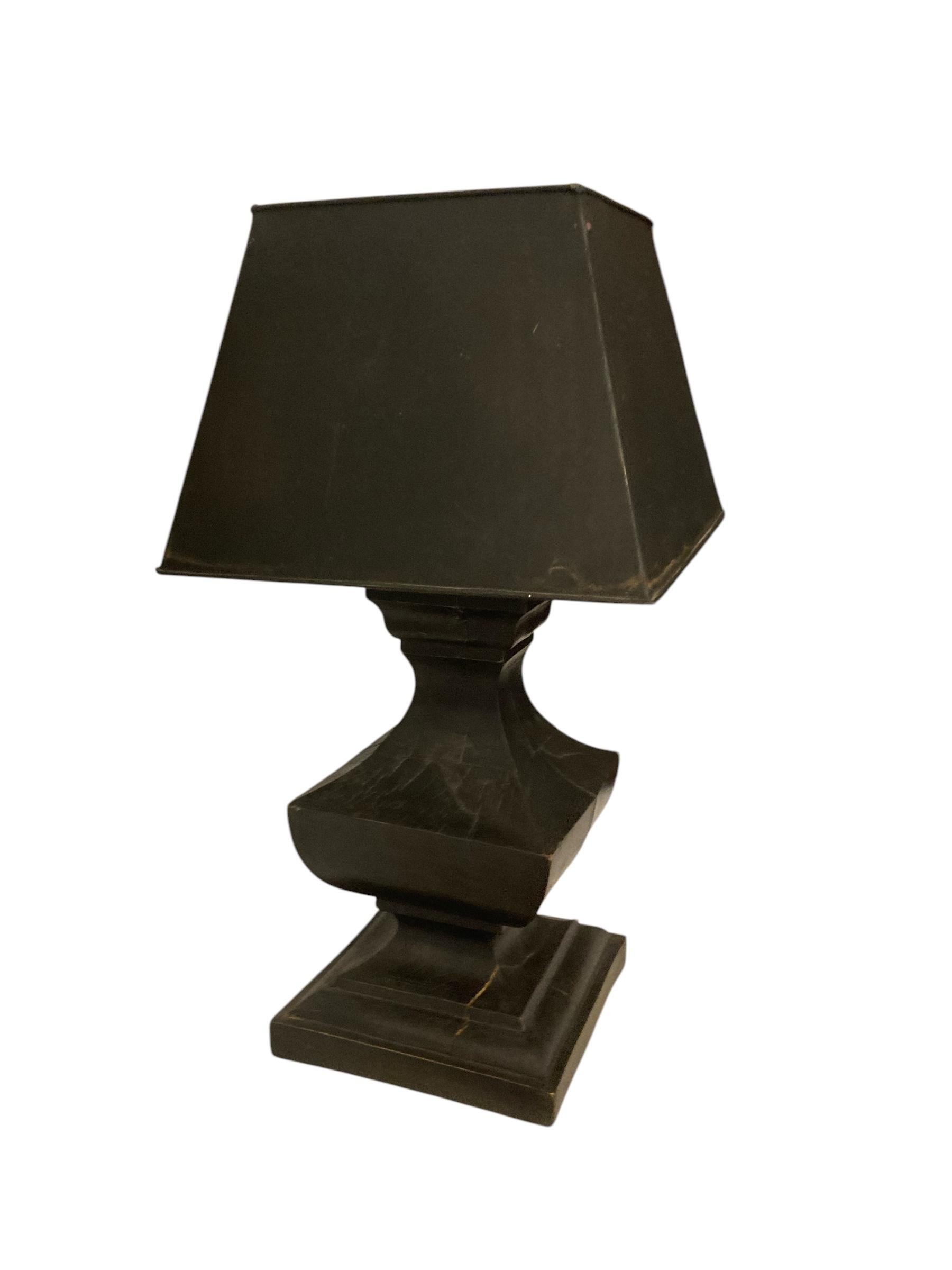 Oak Pair of Large French Hand Carved Table Lamps, Ebonsied Wood Black Metal Shades For Sale