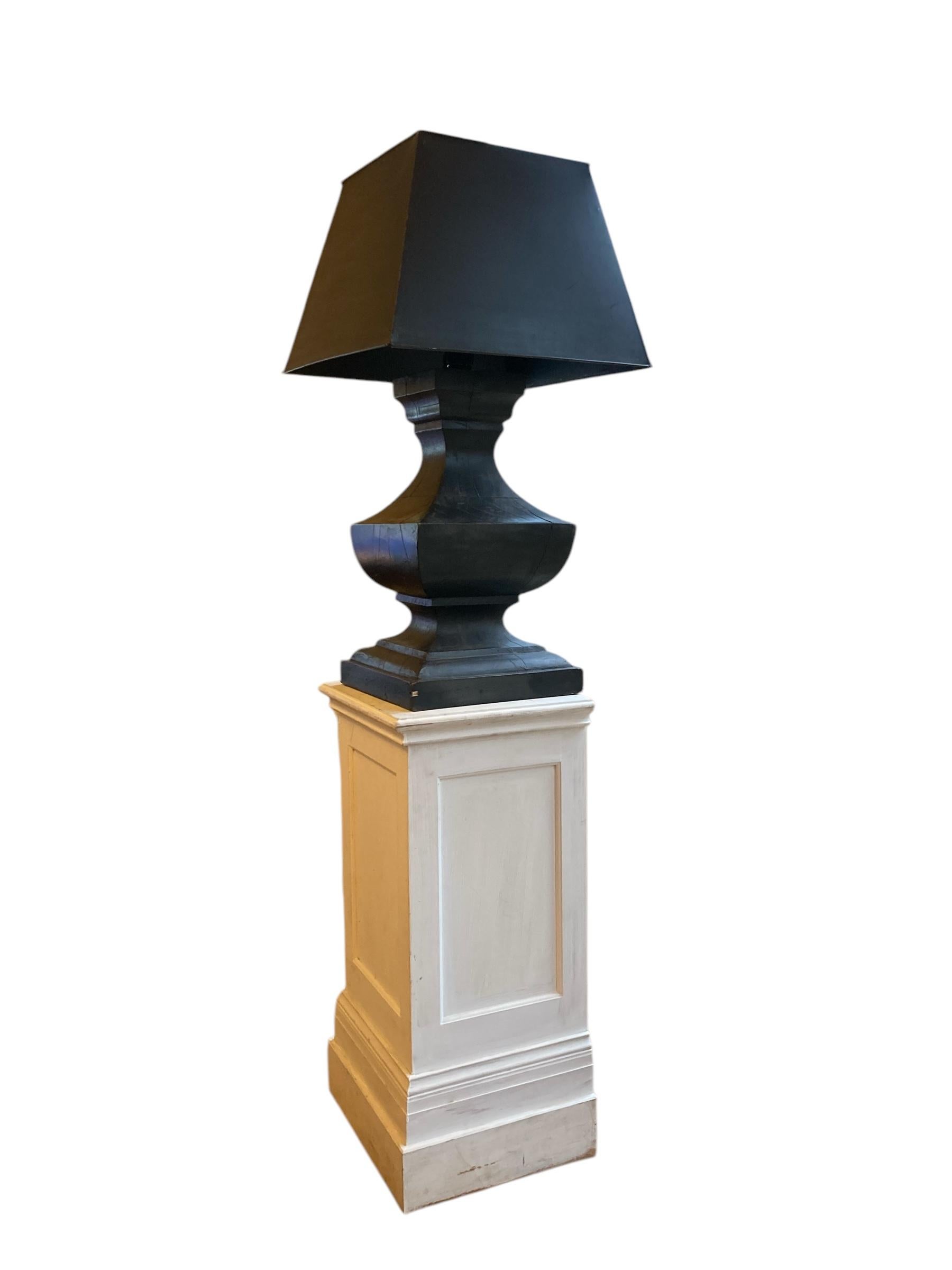 Pair of Large French Hand Carved Table Lamps, Ebonsied Wood Black Metal Shades For Sale 2