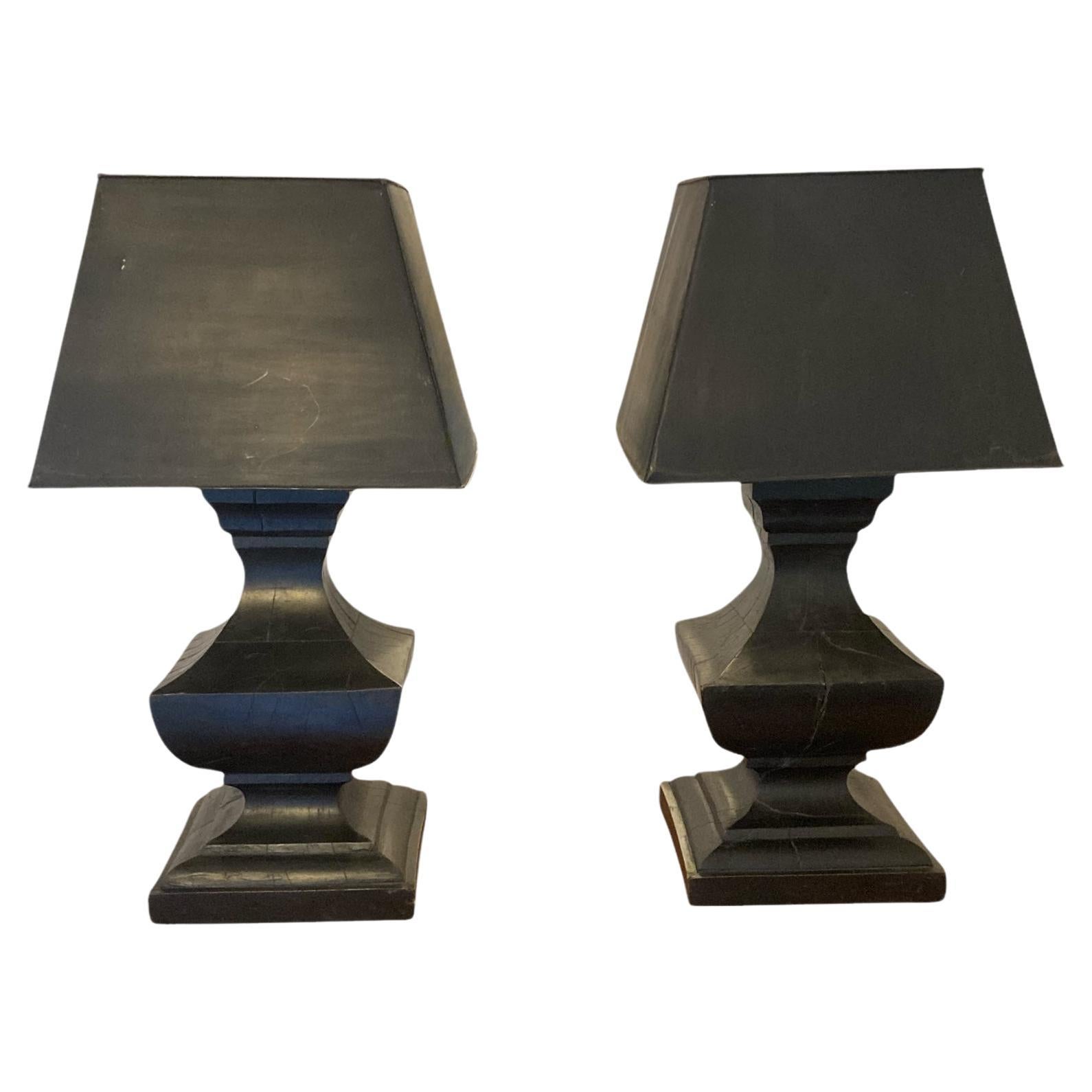 Pair of Large French Hand Carved Table Lamps, Ebonsied Wood Black Metal Shades For Sale