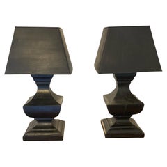 Pair of Large French Hand Carved Table Lamps, Ebonsied Wood Black Metal Shades