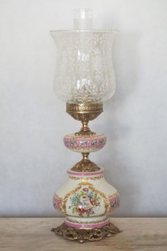 Pair of French Midcentury Hand Painted Porcelain Table Lamps Etched Glass Shades