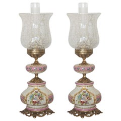 Pair of Large French Hand Painted Porcelain Table Lamps Etched Glass Shades