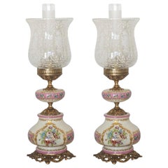Pair of French Midcentury Hand Painted Porcelain Table Lamps Etched Glass Shades