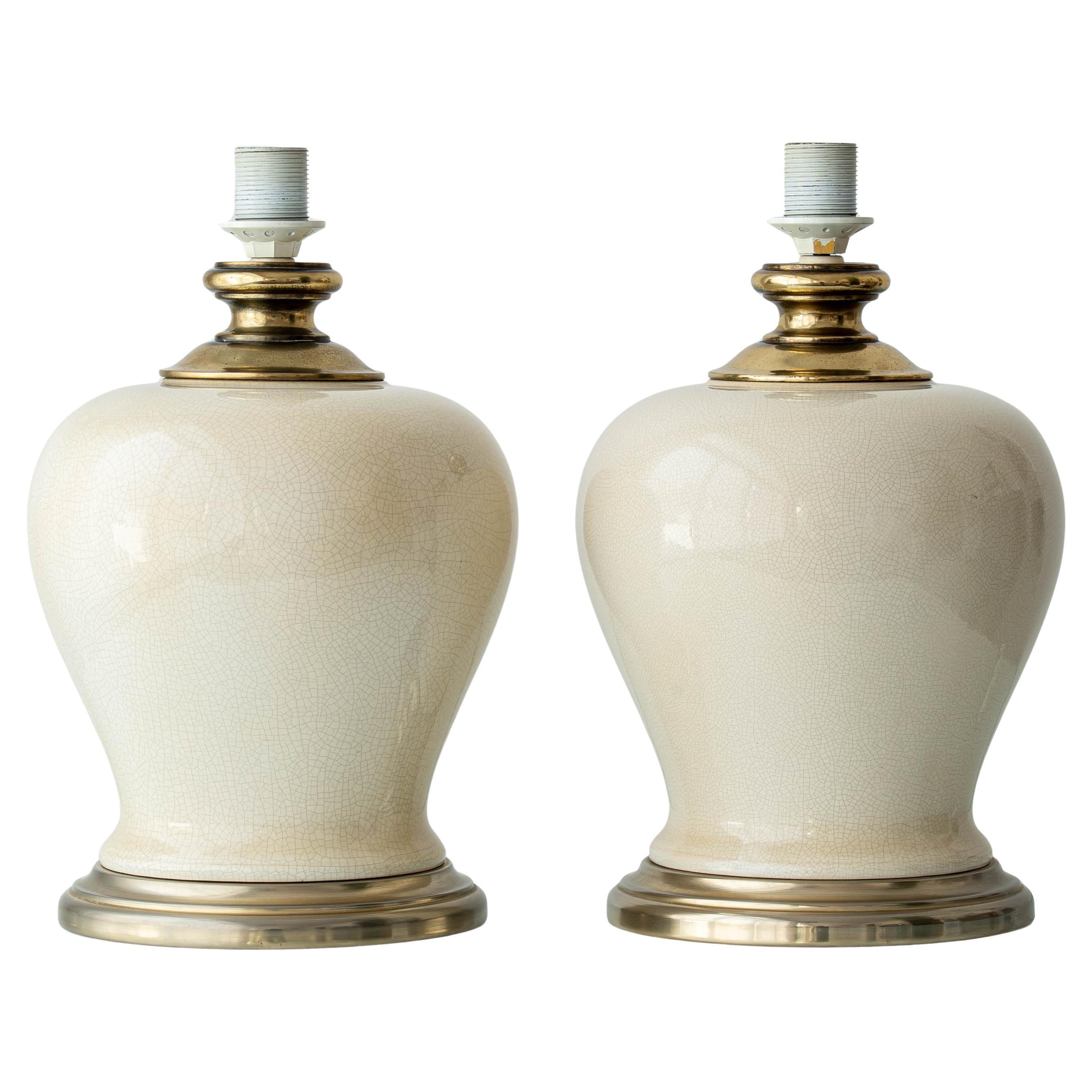 Pair of Large French Ivory Crackle-Glazed Ceramic Urn or Ginger Jar Lamp Bases For Sale