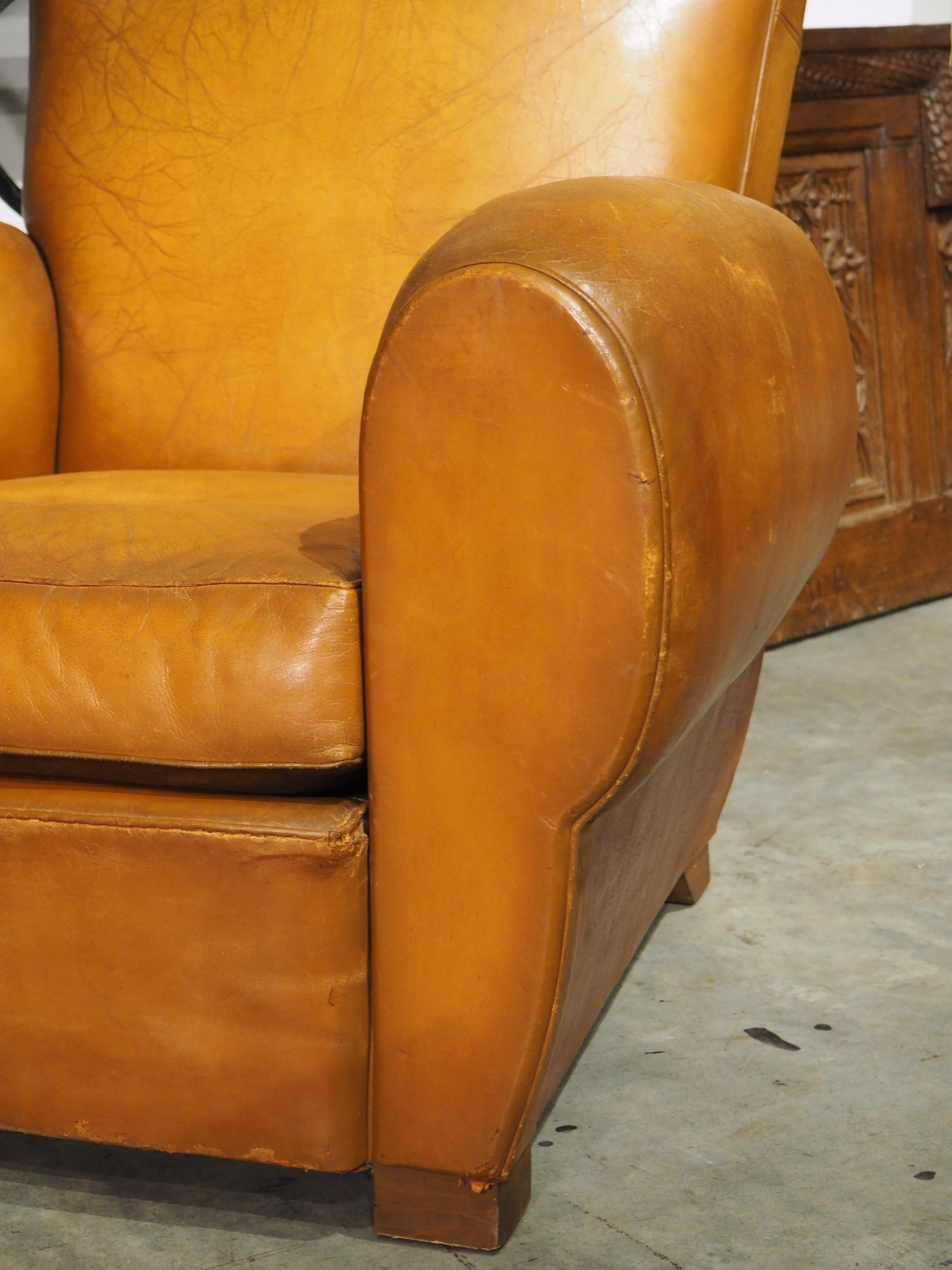Pair of Large French Leather Club Chairs, Circa 1950 In Good Condition In Dallas, TX