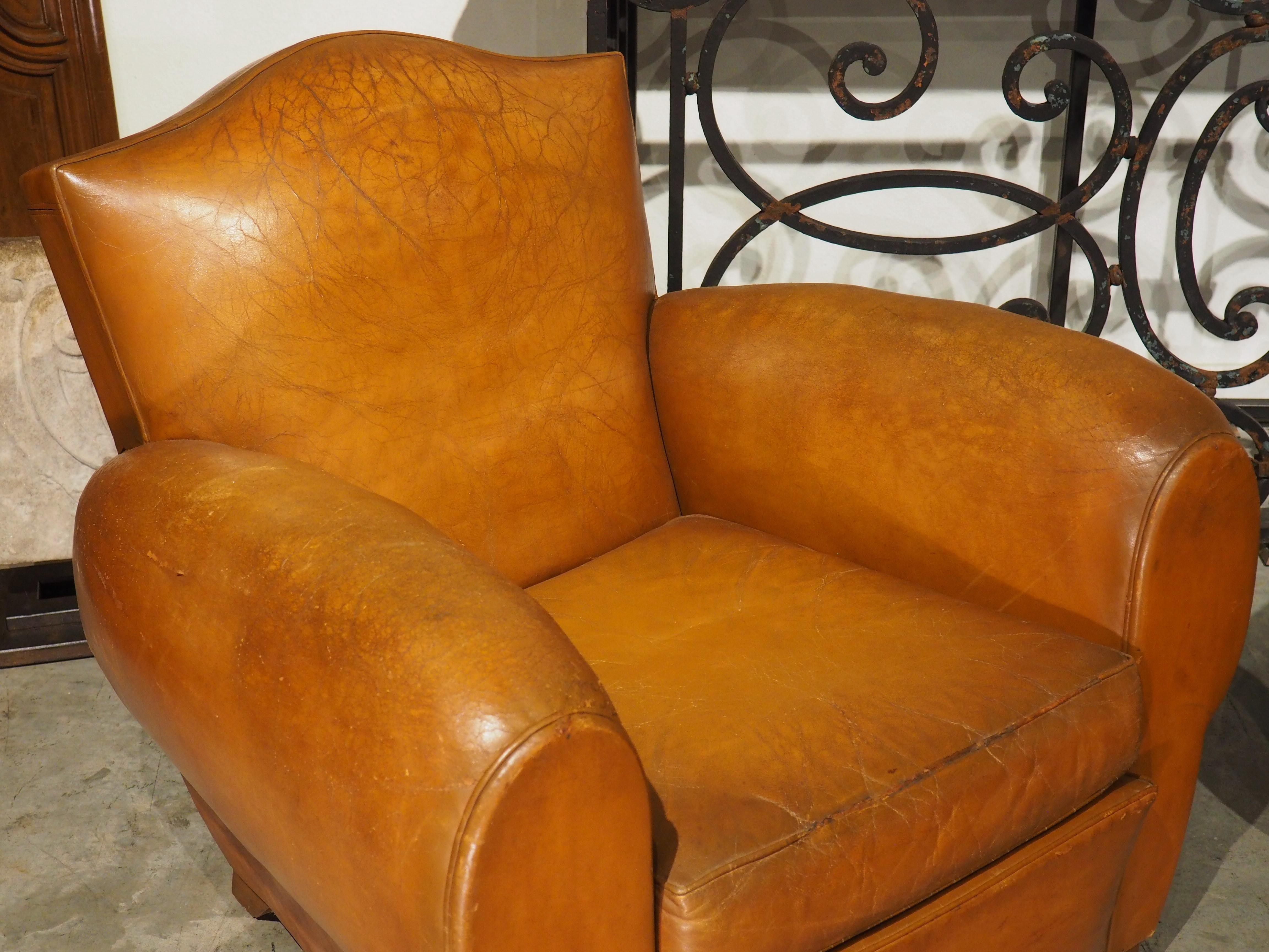 Mid-20th Century Pair of Large French Leather Club Chairs, Circa 1950