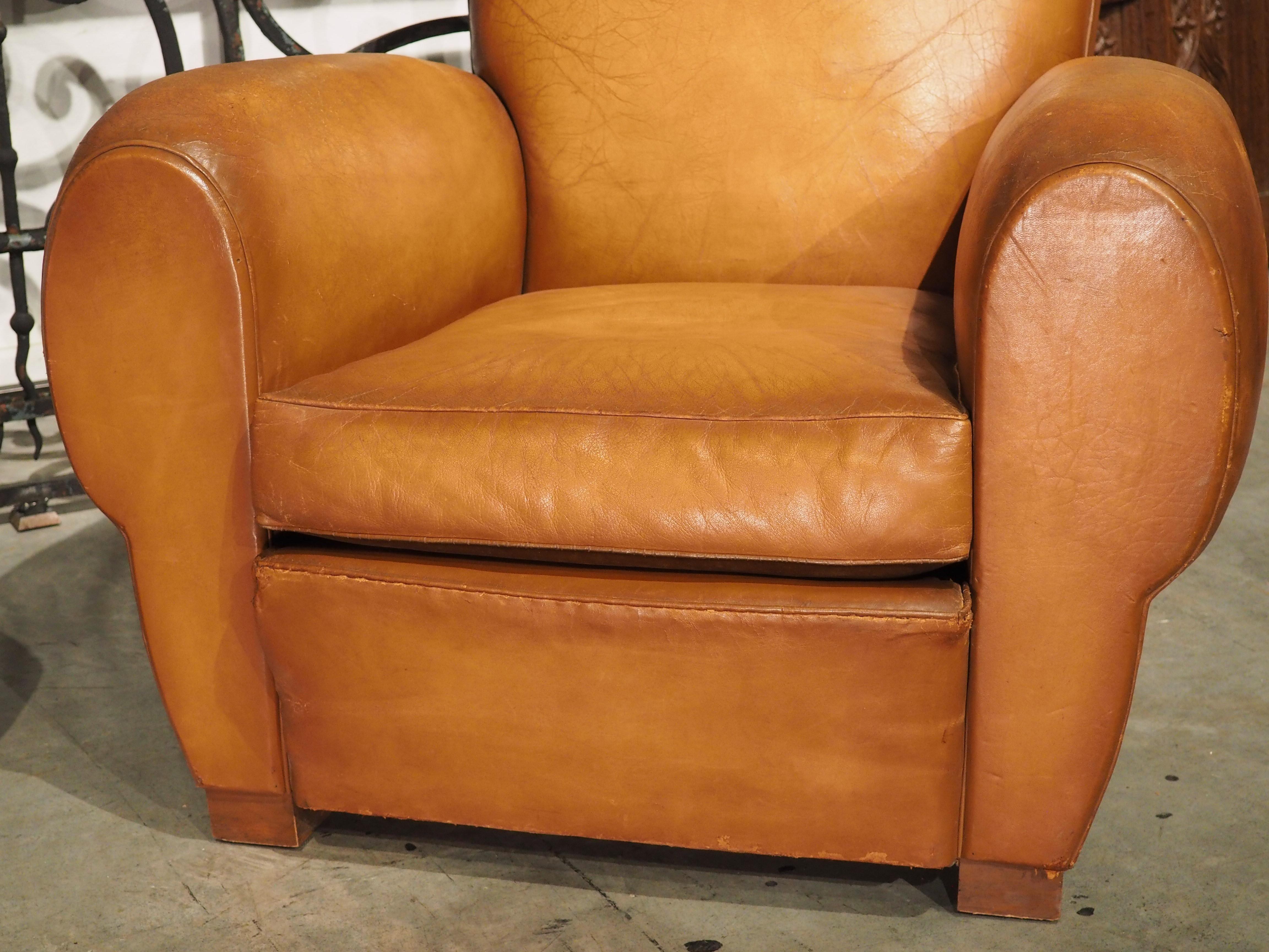 Pair of Large French Leather Club Chairs, Circa 1950 1