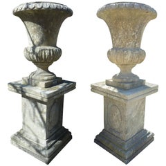 Pair of Large French Limestone Medicis Vases with their Pedestals, Provence