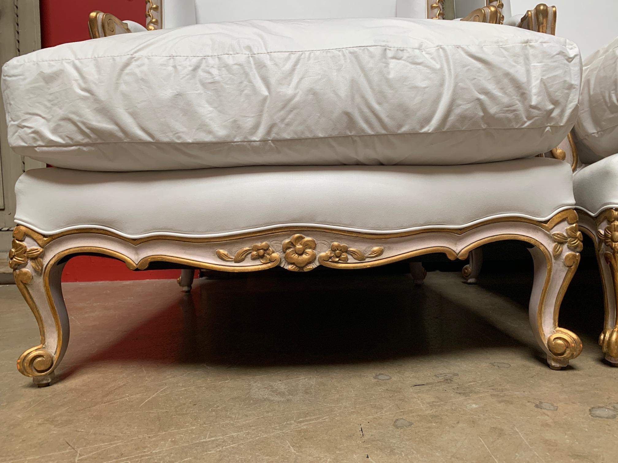 Pair of Large French Louis XV Style Bergeres with a Pink and Gilt Finish For Sale 7