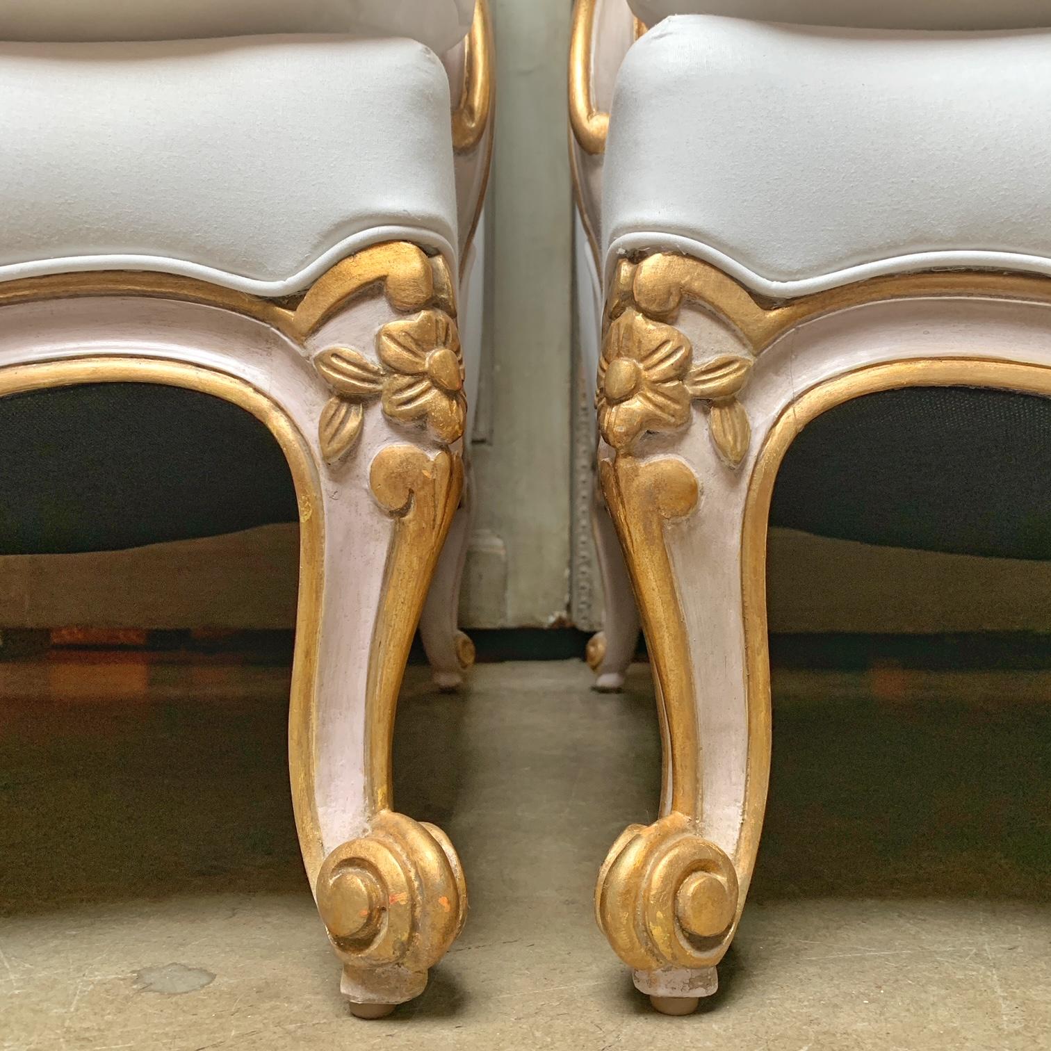 Pair of Large French Louis XV Style Bergeres with a Pink and Gilt Finish For Sale 8