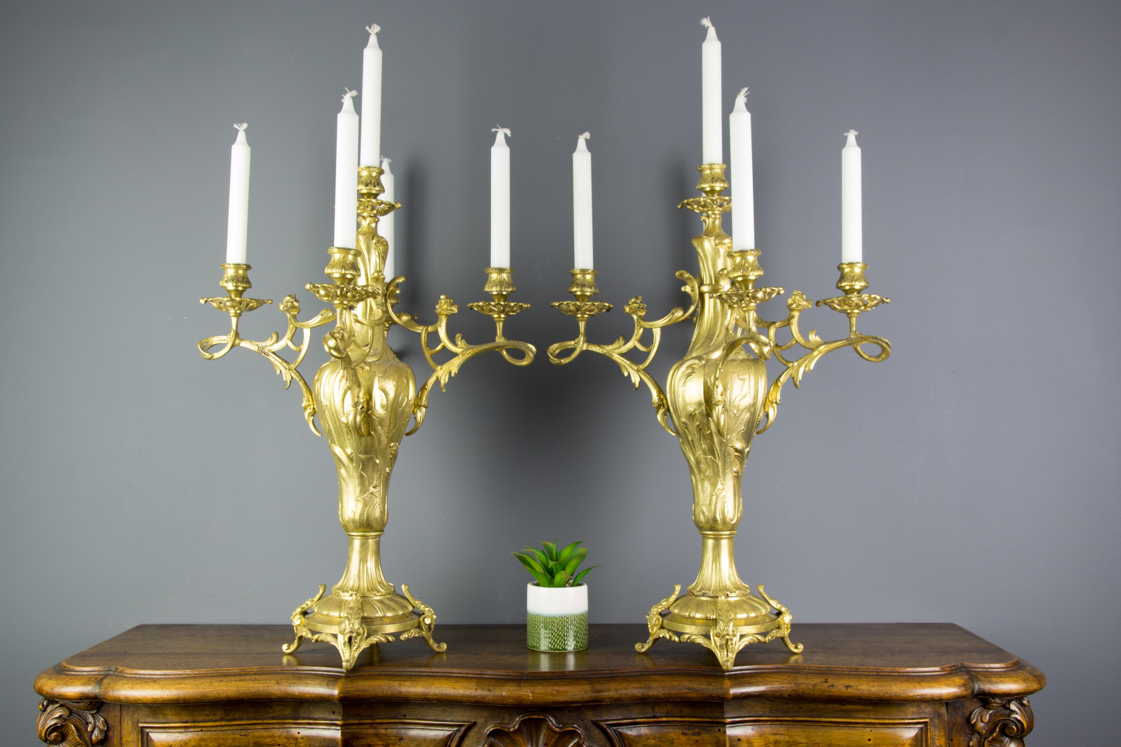 Pair of Large French Louis XV Style Bronze Five-Light Candelabras For Sale 6