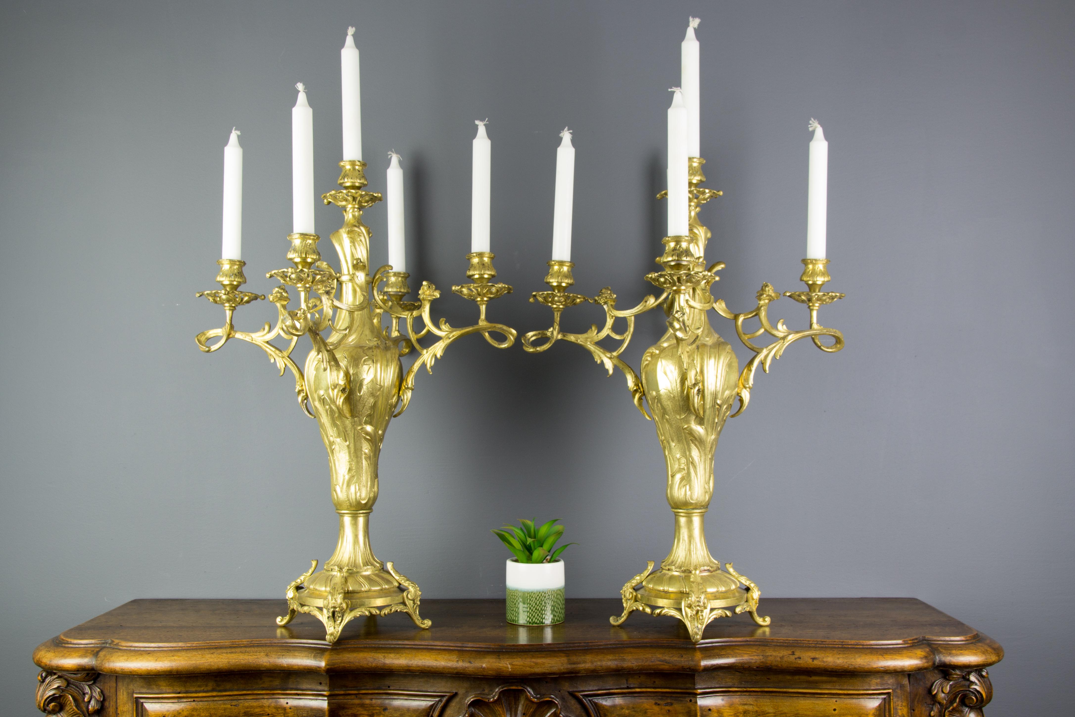 Pair of Large French Louis XV Style Bronze Five-Light Candelabras For Sale 7