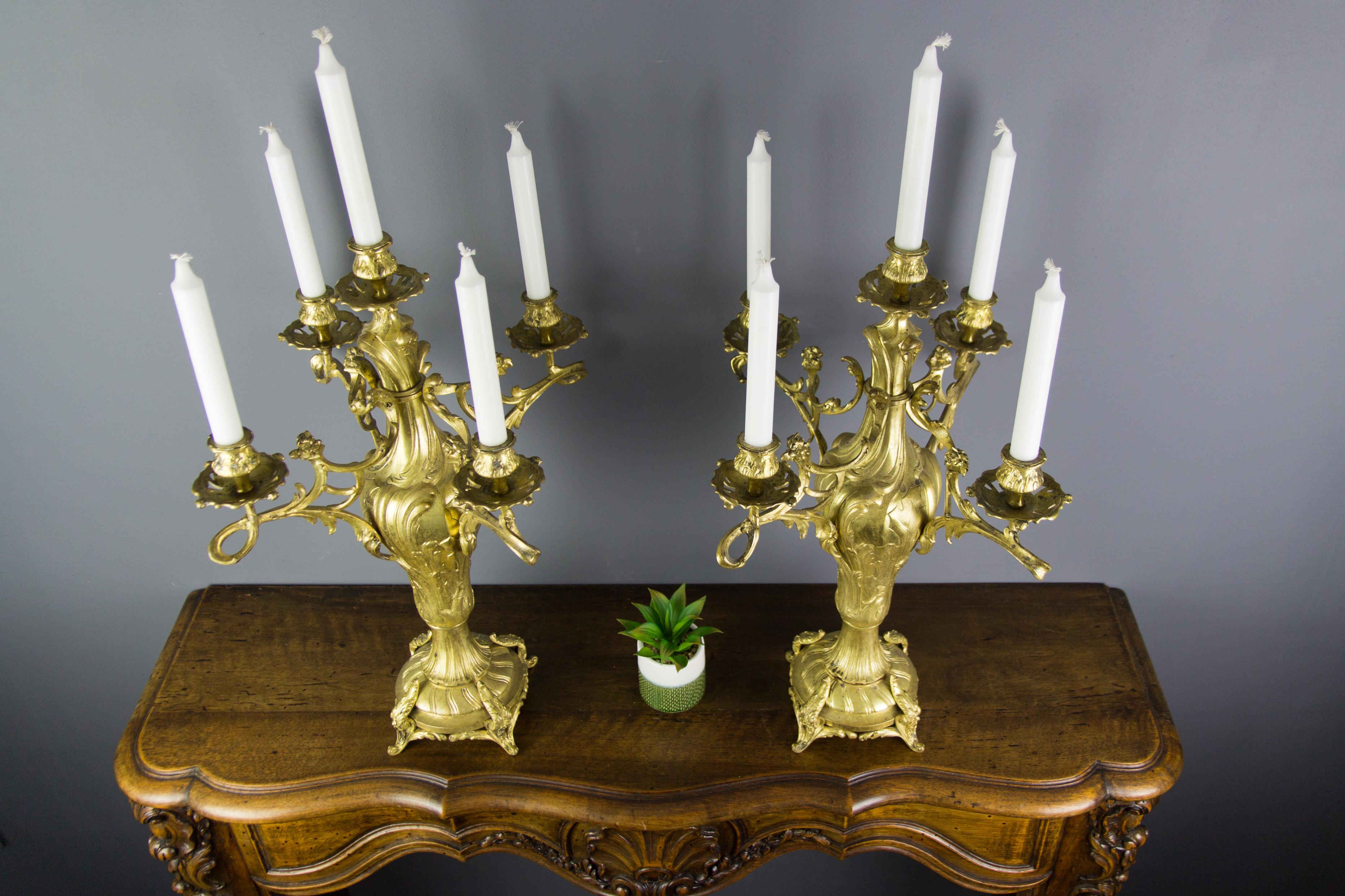 Pair of Large French Louis XV Style Bronze Five-Light Candelabras For Sale 8