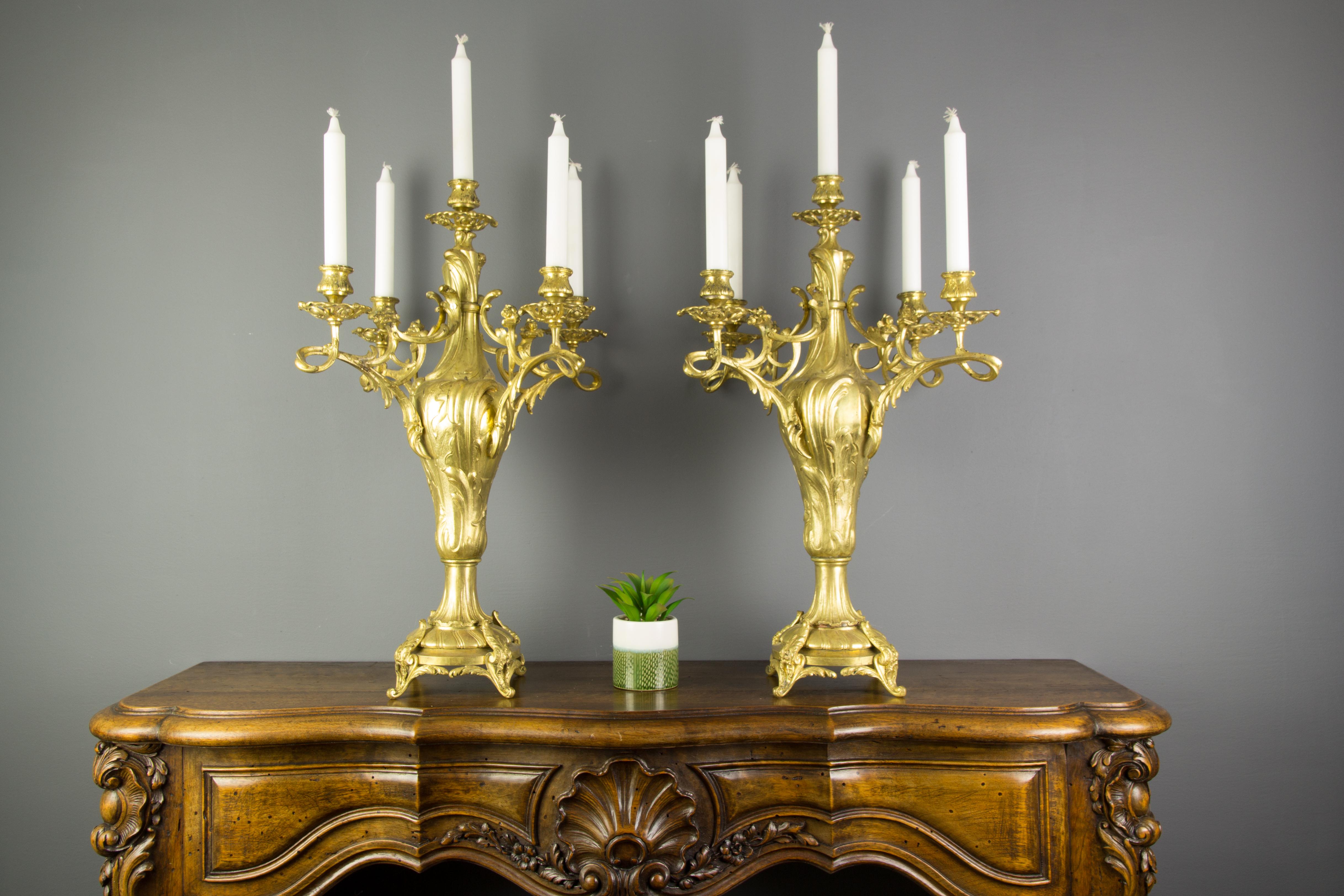Pair of Large French Louis XV Style Bronze Five-Light Candelabras For Sale 16