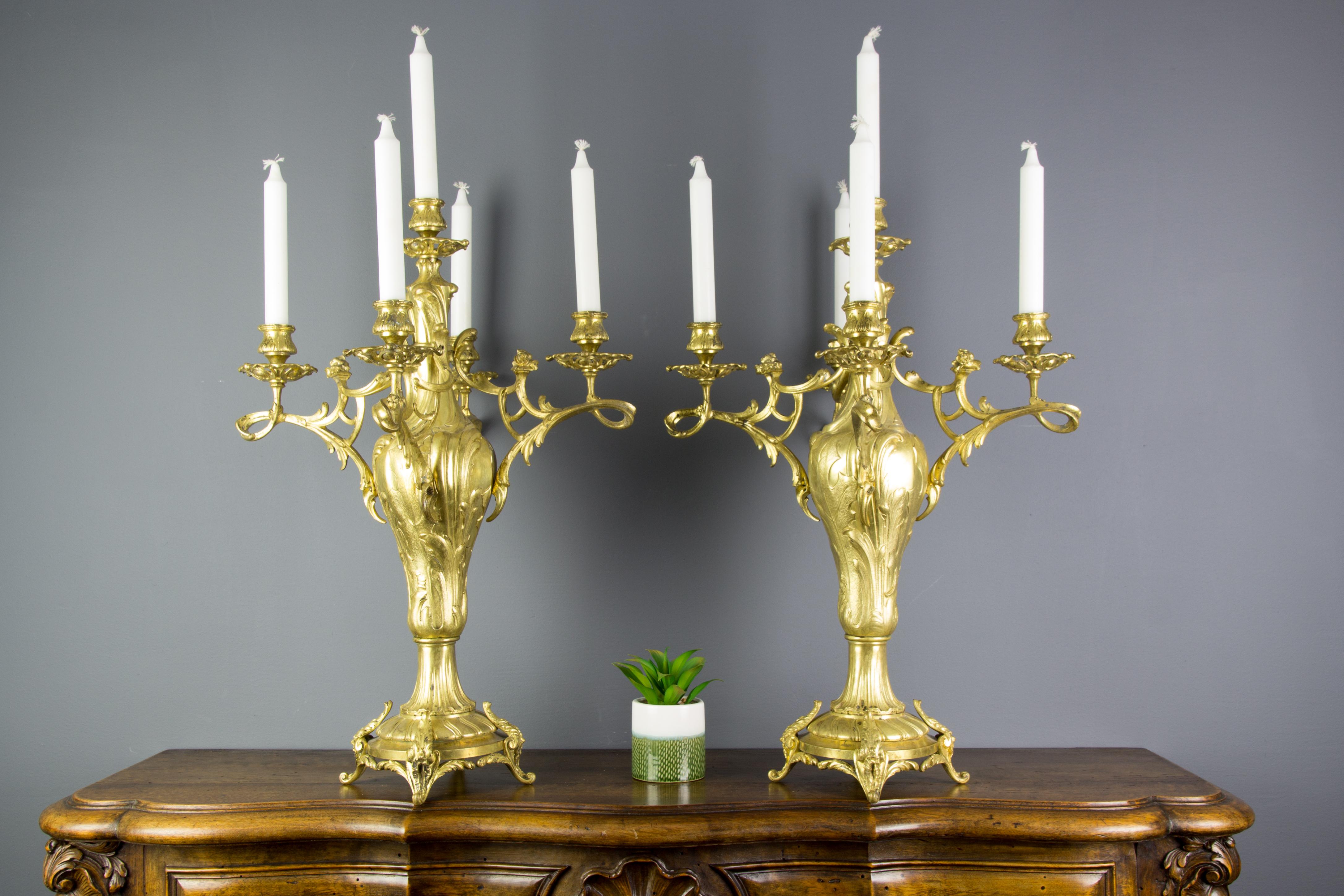 Early 20th Century Pair of Large French Louis XV Style Bronze Five-Light Candelabras For Sale