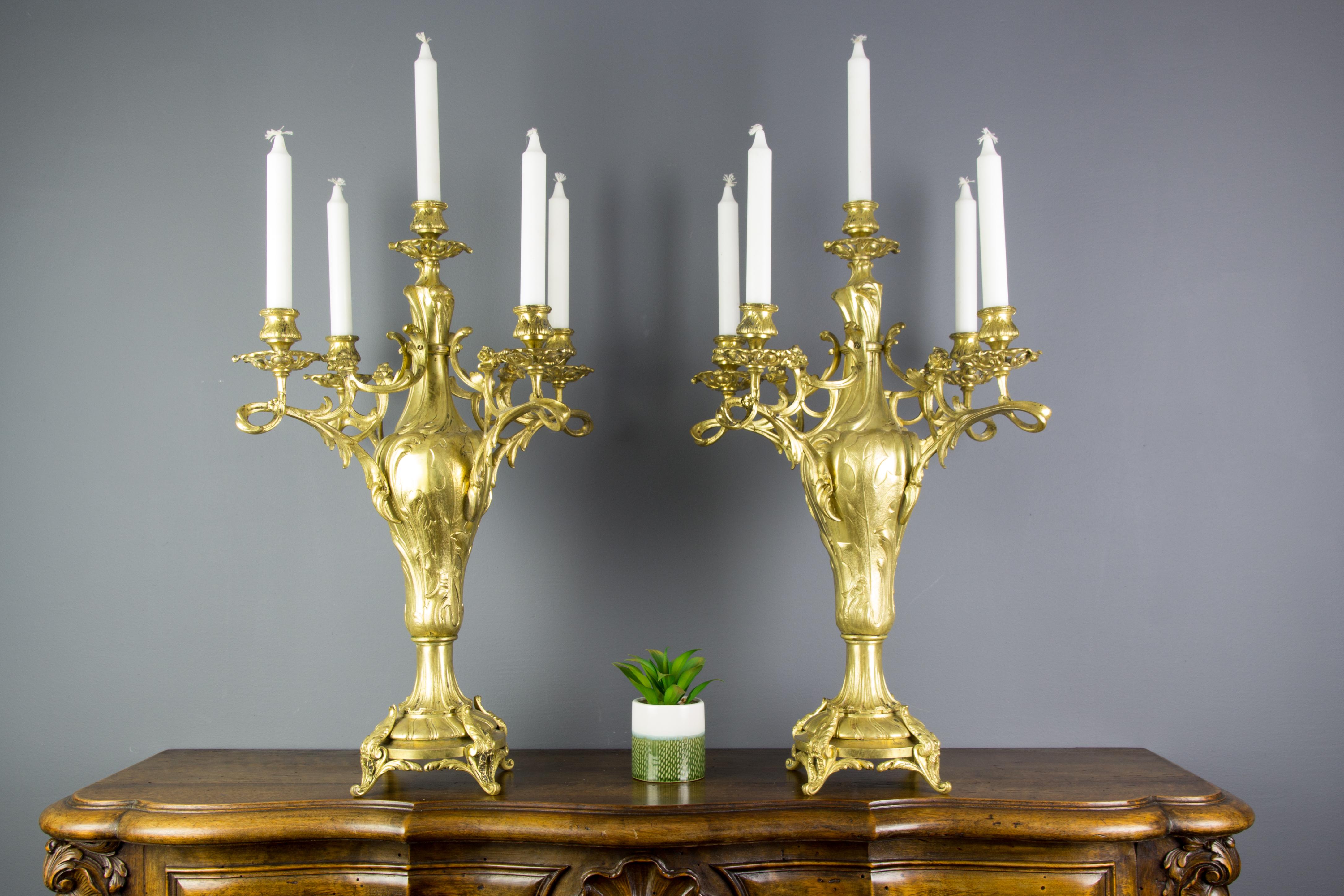 Pair of Large French Louis XV Style Bronze Five-Light Candelabras For Sale 1