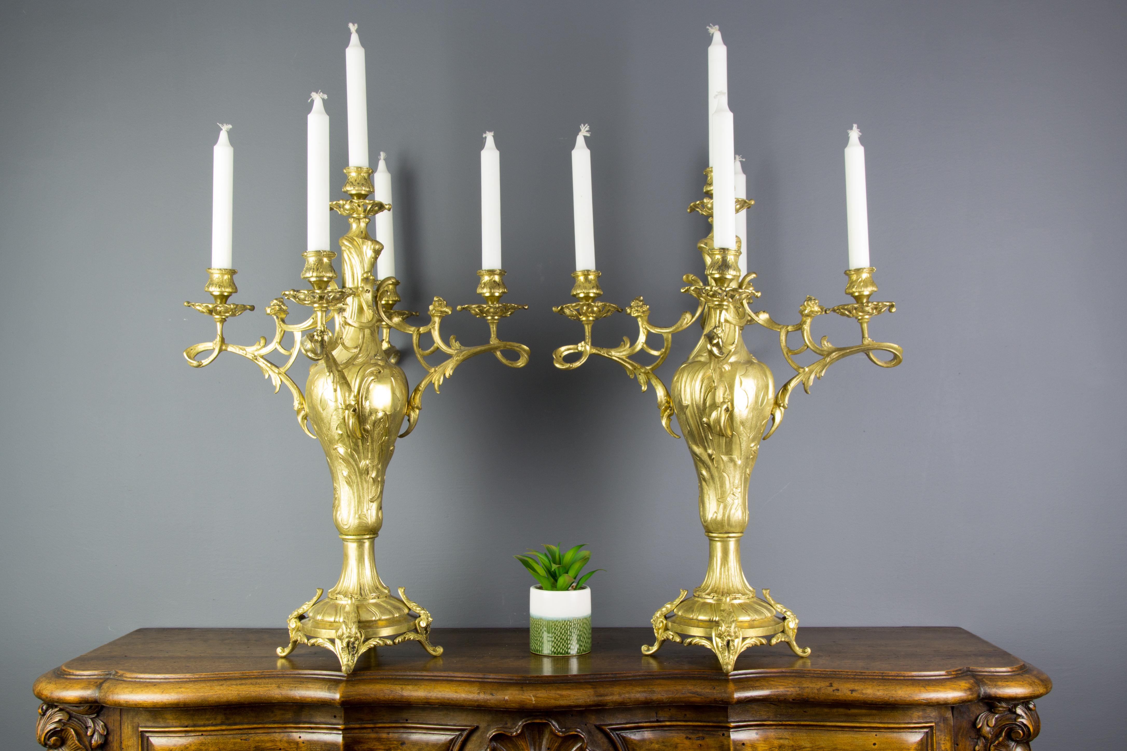 Pair of Large French Louis XV Style Bronze Five-Light Candelabras For Sale 2