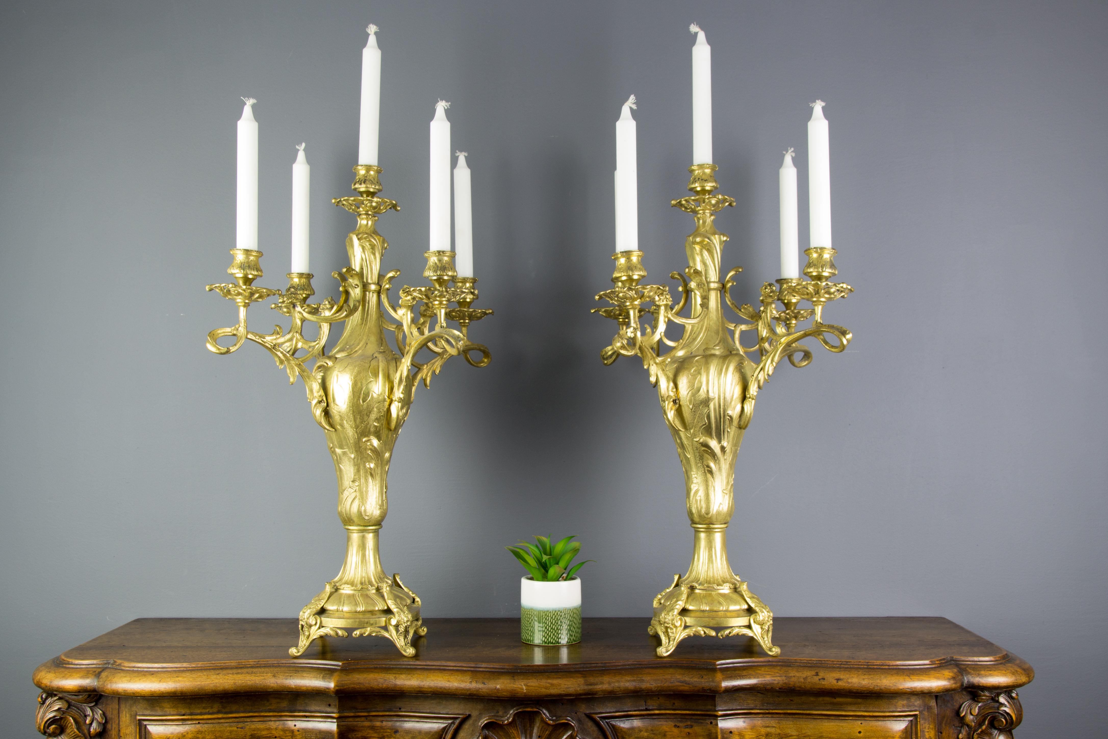 Pair of Large French Louis XV Style Bronze Five-Light Candelabras For Sale 4