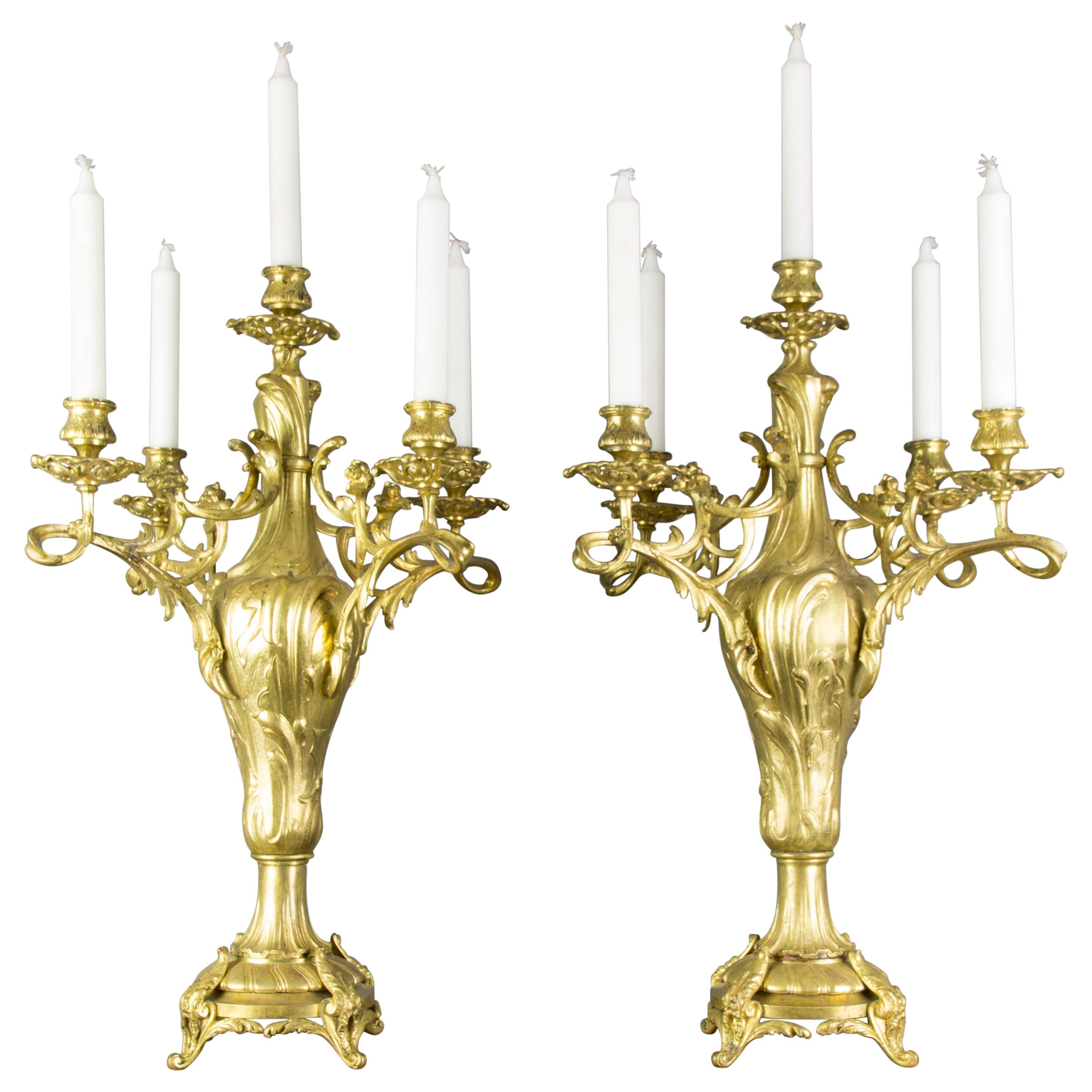 Pair of Large French Louis XV Style Bronze Five-Light Candelabras