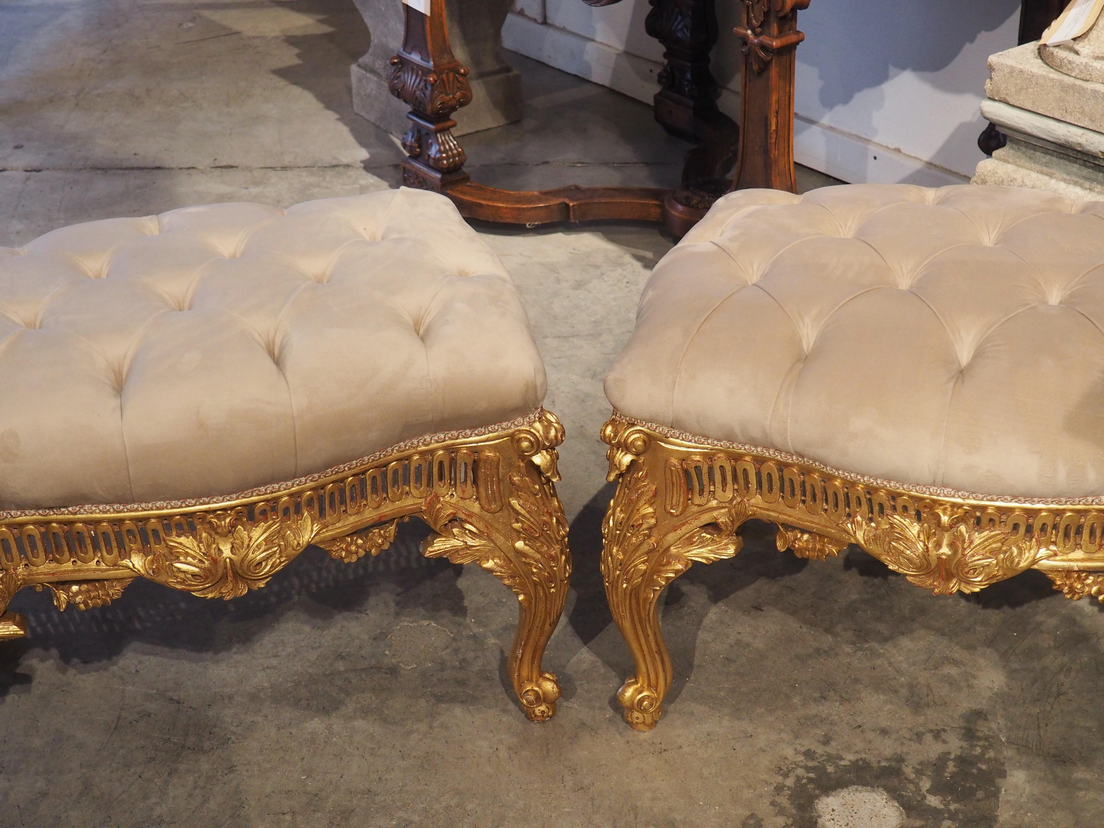During the 18th century (specifically during the reign of Louis XV, roughly 1715-1774) tabouret stools were in high demand, as they combined luxurious comfort with portability. Our pair of large tabouret seats are beautiful examples of Louis XV