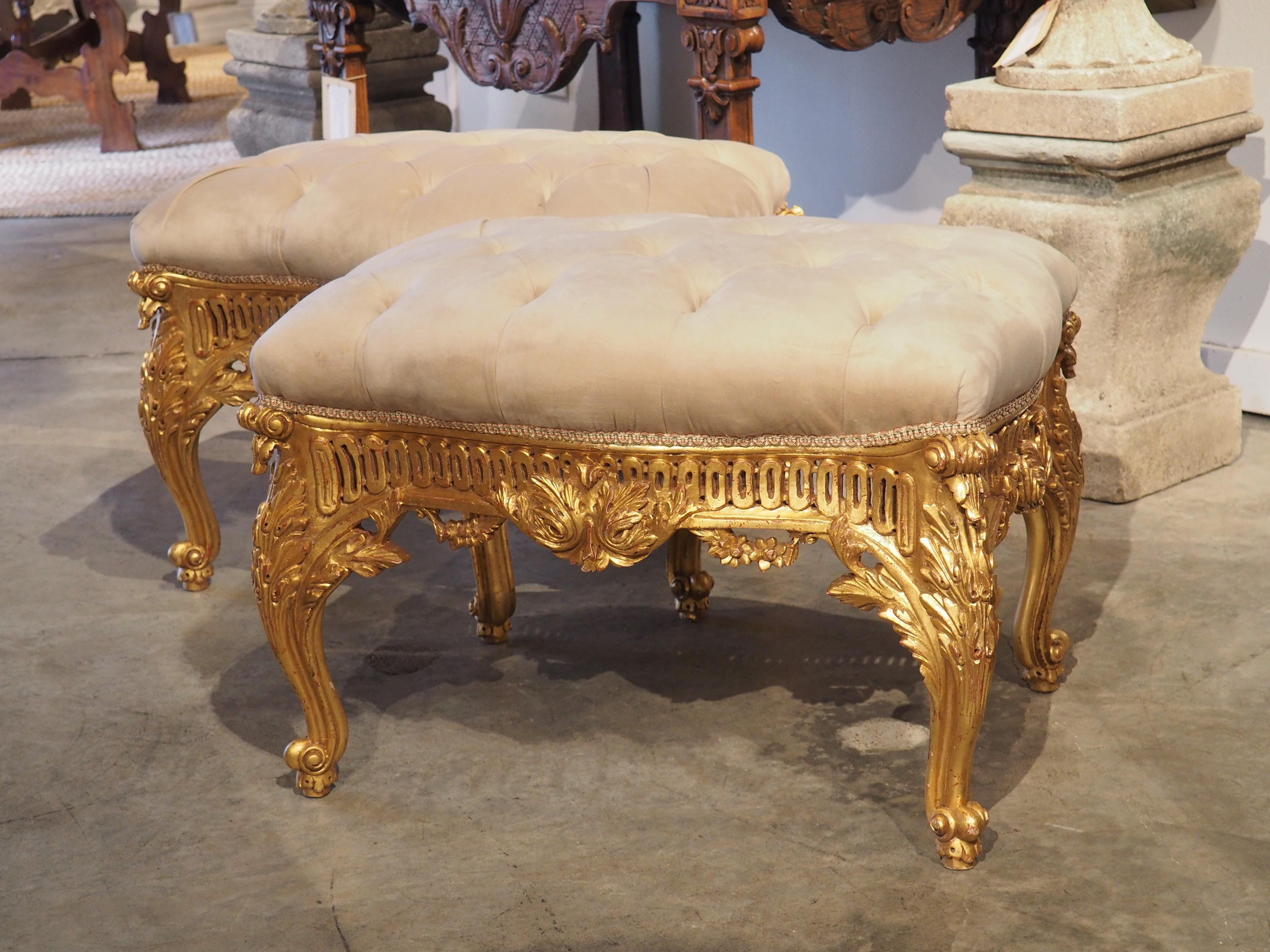 Gilt Pair of Large French Louis XV Style Tabouret Seats, 20th Century