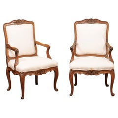 Pair of Large French Louis XV Walnut Fauteuils, 18th Century