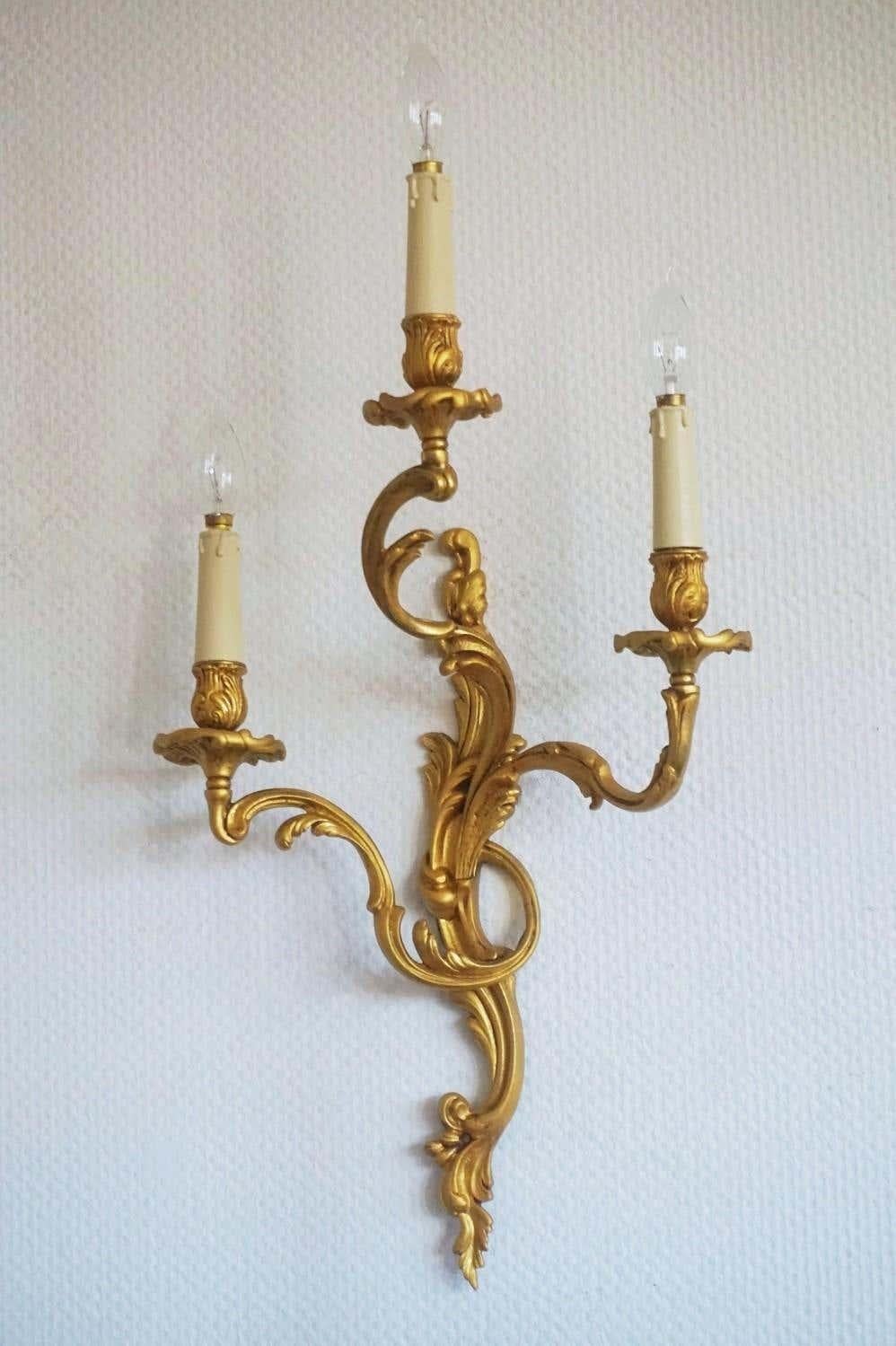 19th Century Pair of Large French Louis XVI Style Gilt Bronze Three-Light Wall Sconces