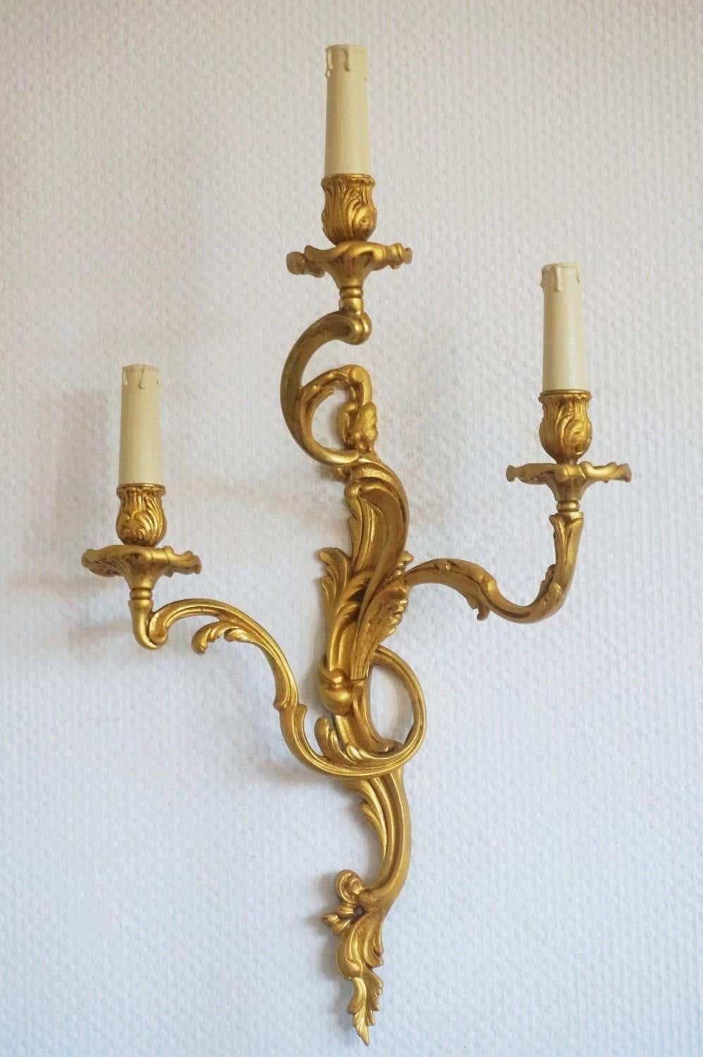 Pair of Large French Louis XVI Style Gilt Bronze Three-Light Wall Sconces 1