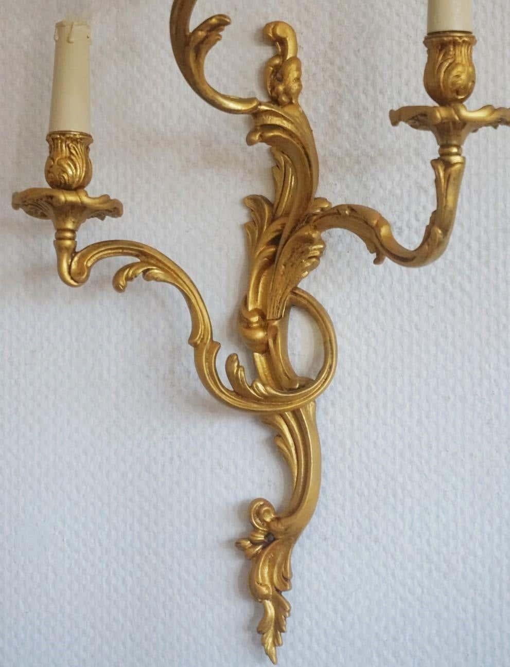 Pair of Large French Louis XVI Style Gilt Bronze Three-Light Wall Sconces 2