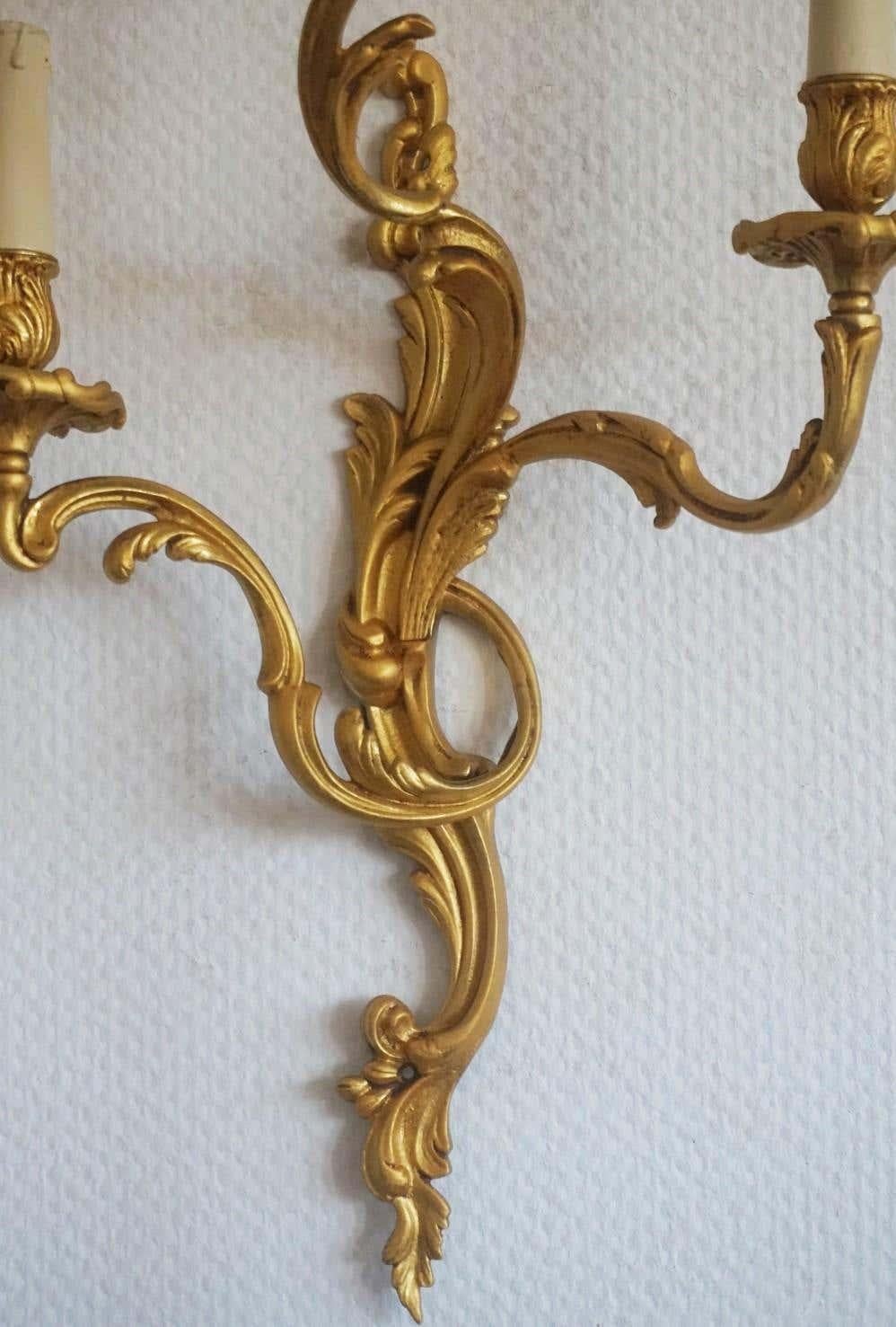 Pair of Large French Louis XVI Style Gilt Bronze Three-Light Wall Sconces 3