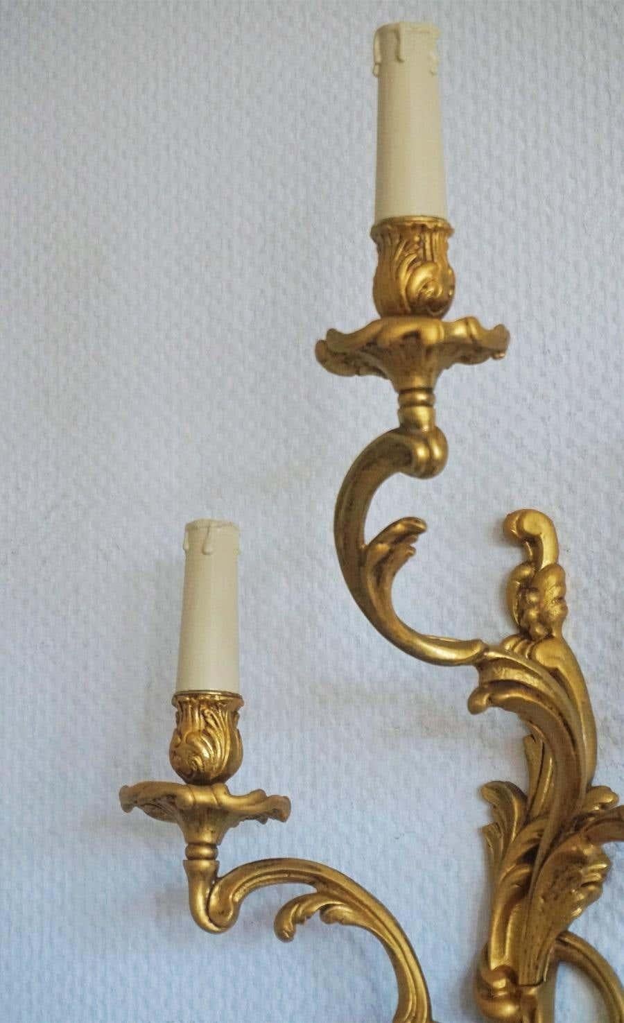 Pair of Large French Louis XVI Style Gilt Bronze Three-Light Wall Sconces 4