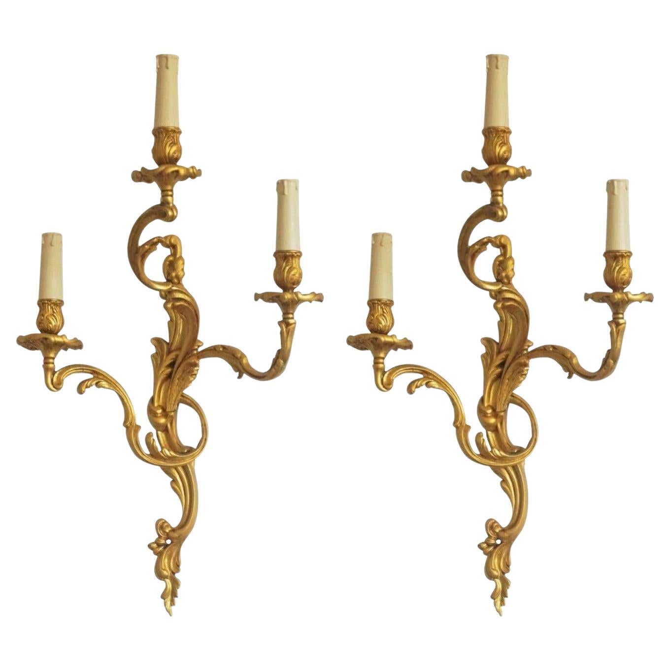 Pair of Large French Louis XVI Style Gilt Bronze Three-Light Wall Sconces
