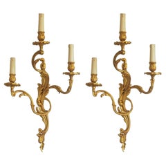 Pair of Large French Louis XVI Style Gilt Bronze Three-Light Wall Sconces