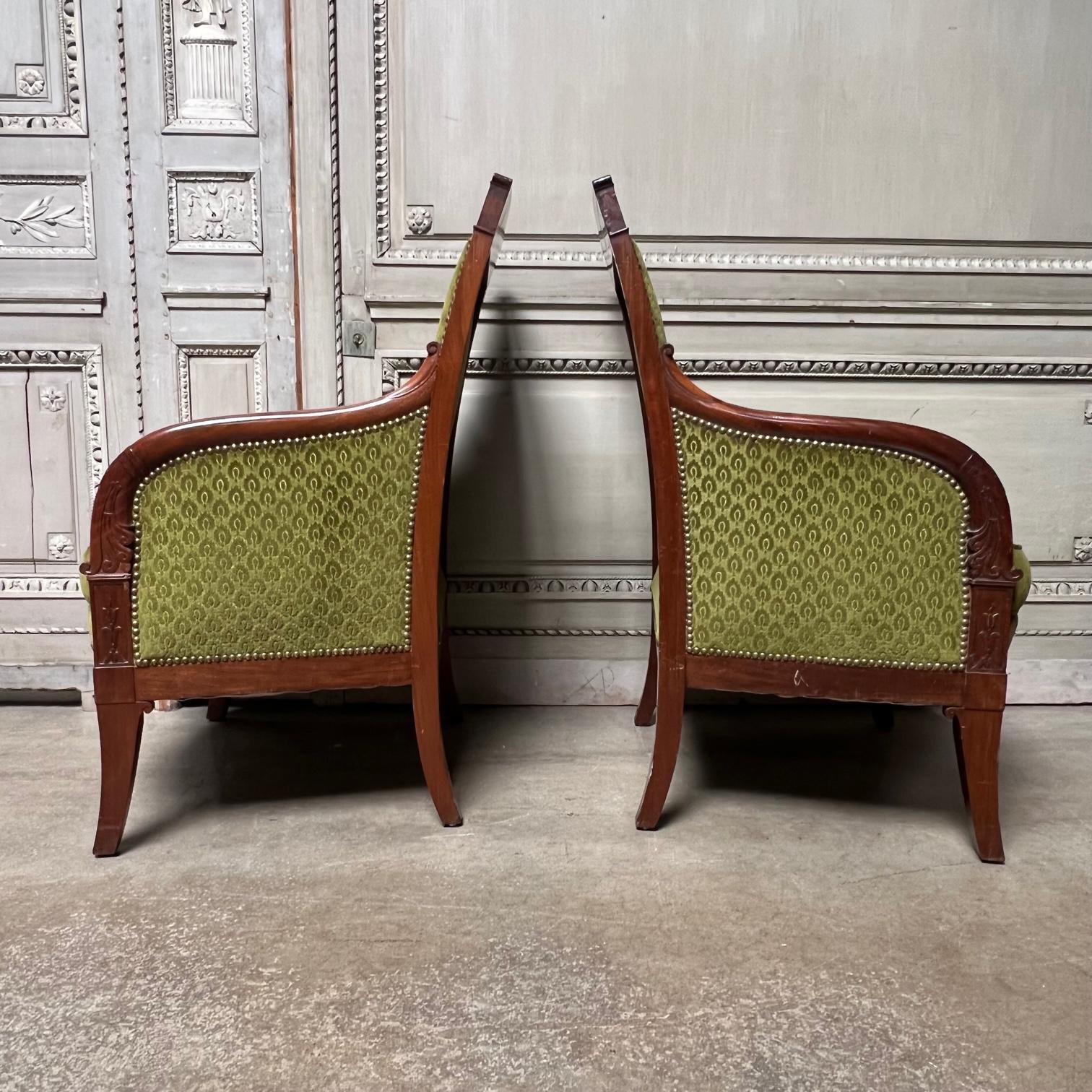 Carved Pair of Large French Mahogany Charles X Bergeres For Sale