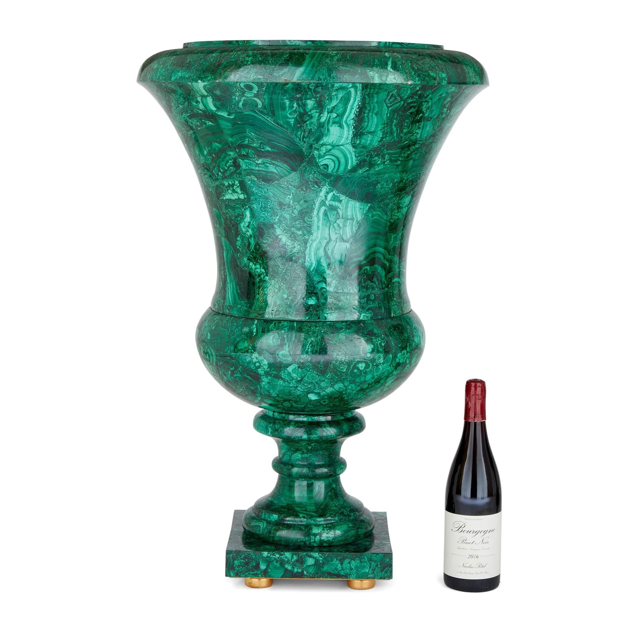 Stone Pair of Large French Malachite Vases  For Sale