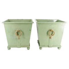 Pair of Large French Metal Green and Gilt Garden Planters