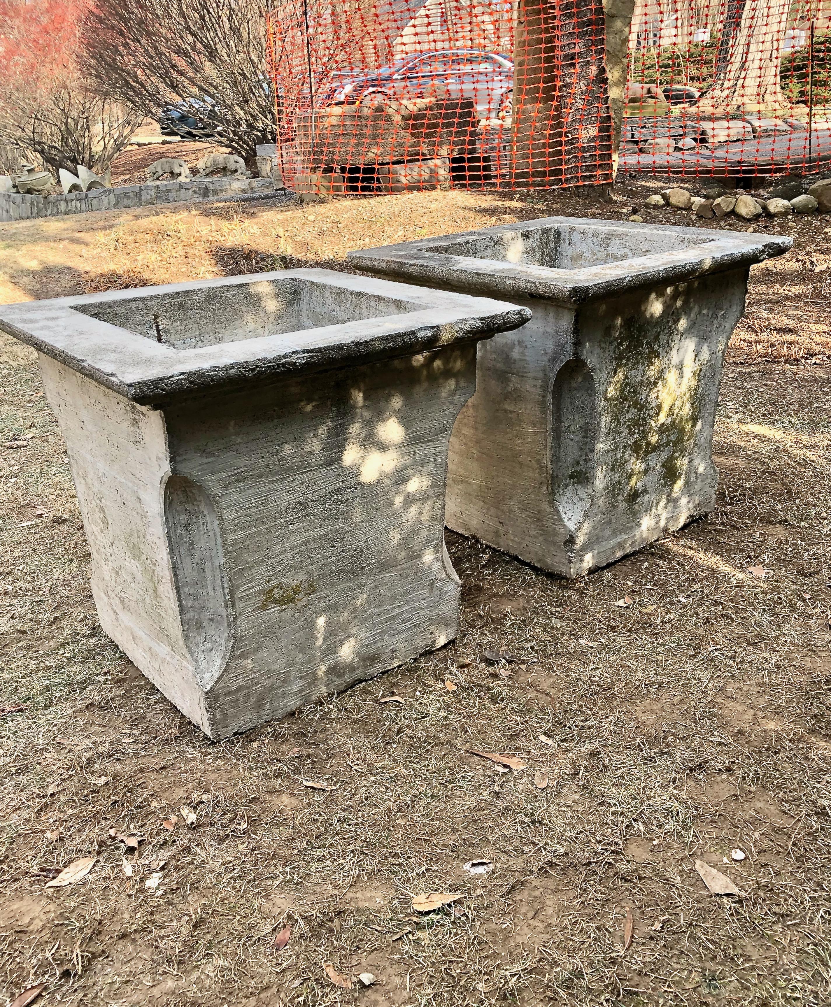 Pair of Large French Mid-Century Modern Square Cast Stone Jardinières In Good Condition In Woodbury, CT