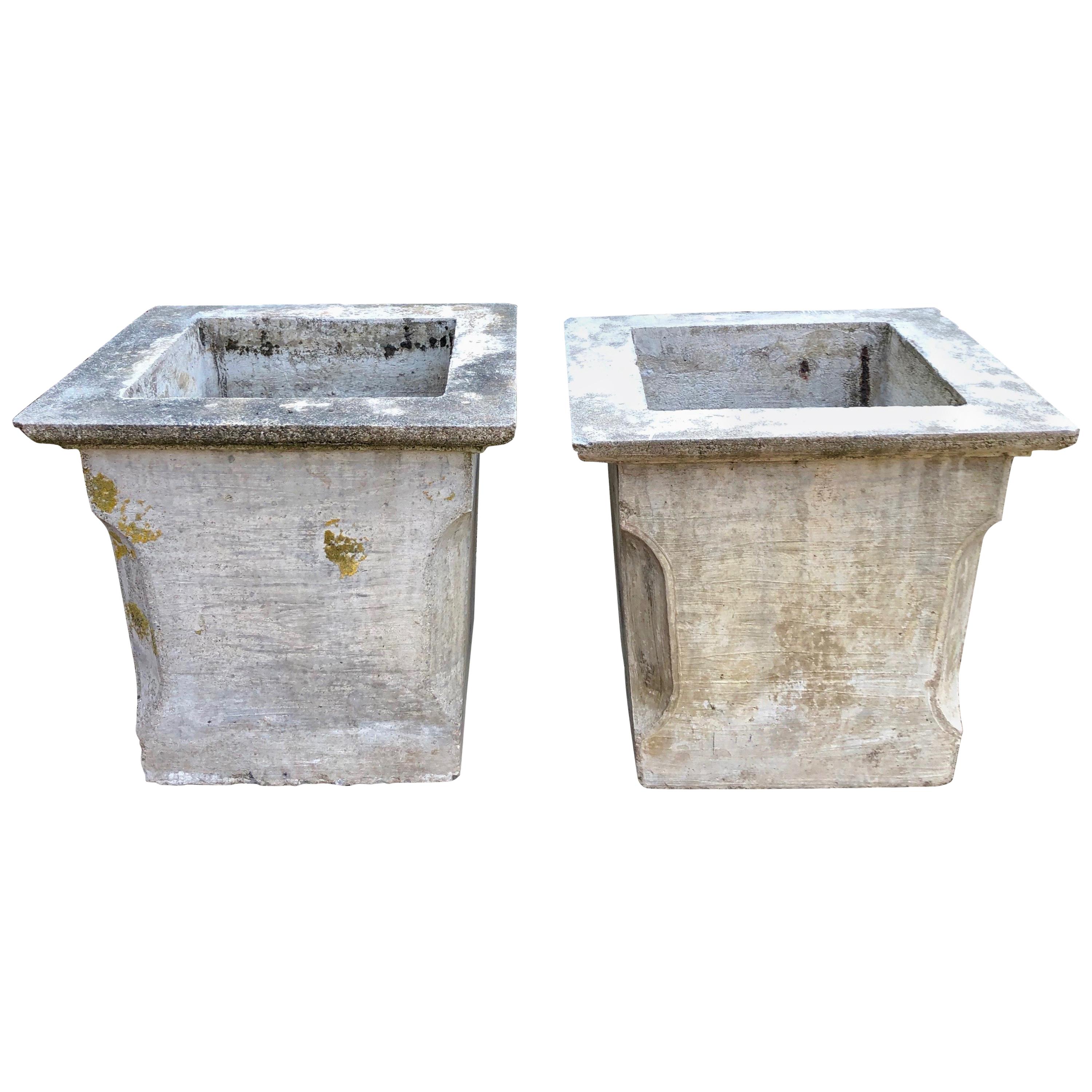 Pair of Large French Mid-Century Modern Square Cast Stone Jardinières