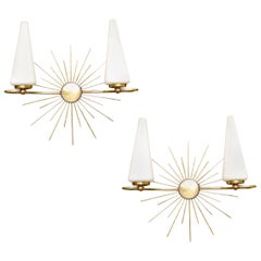 Stunning Pair French Lunel Sunburst Sconces, Glass & Brass,  Stilnovo Style, 60s